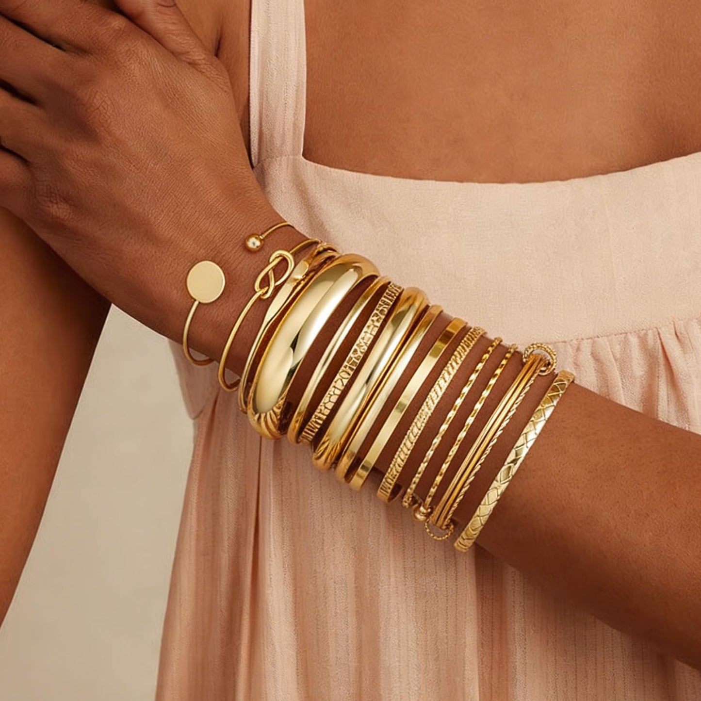 ÌF ME Gold Bangle Bracelets for Women, 19Pcs Multi Stackable Textured Bangles Set, Trendy 14K Gold Plated Chunky Knot Bracelet Stack Boho Jewelry Gifts