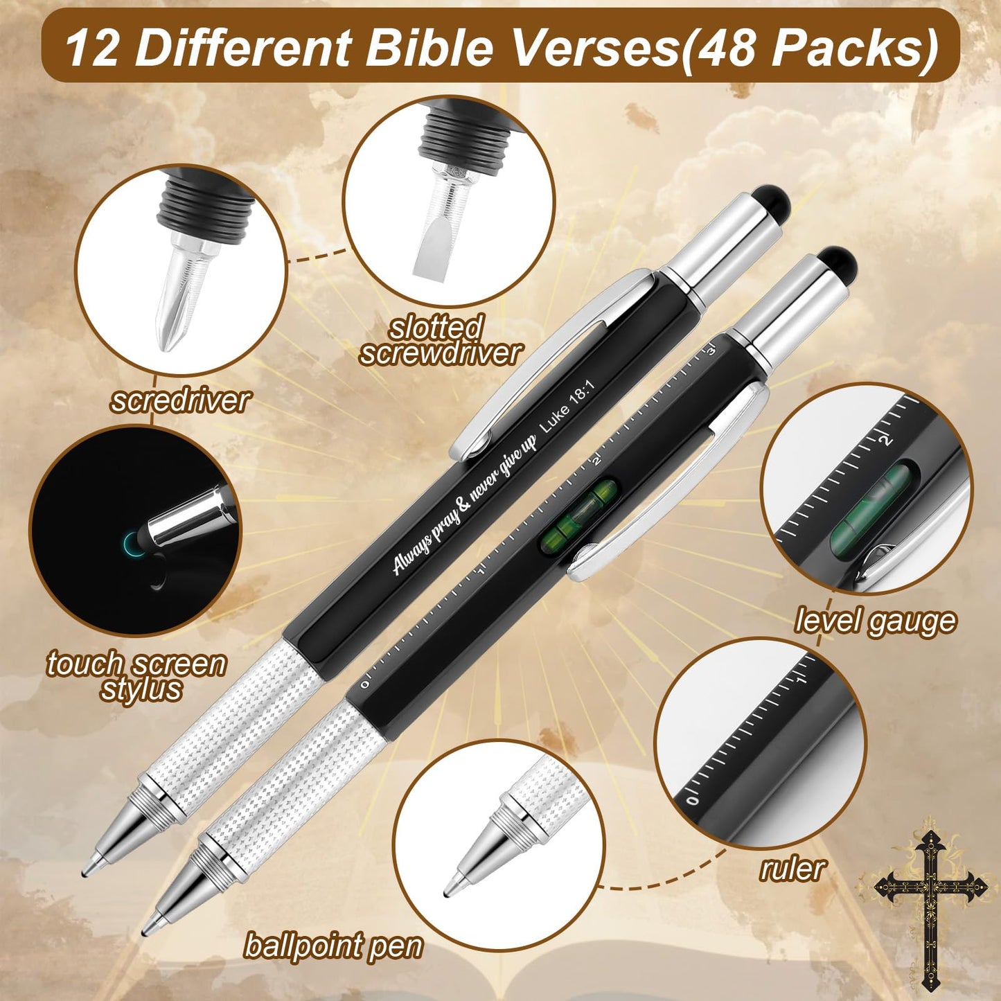 Sayglossy 48pcs Christian Multitool Pens Valentines Gift Bible Verse Religious 6 in 1 Multitool Pen Bulk with Ruler, Level, Stylus, Screwdriver for Men Pastor Father