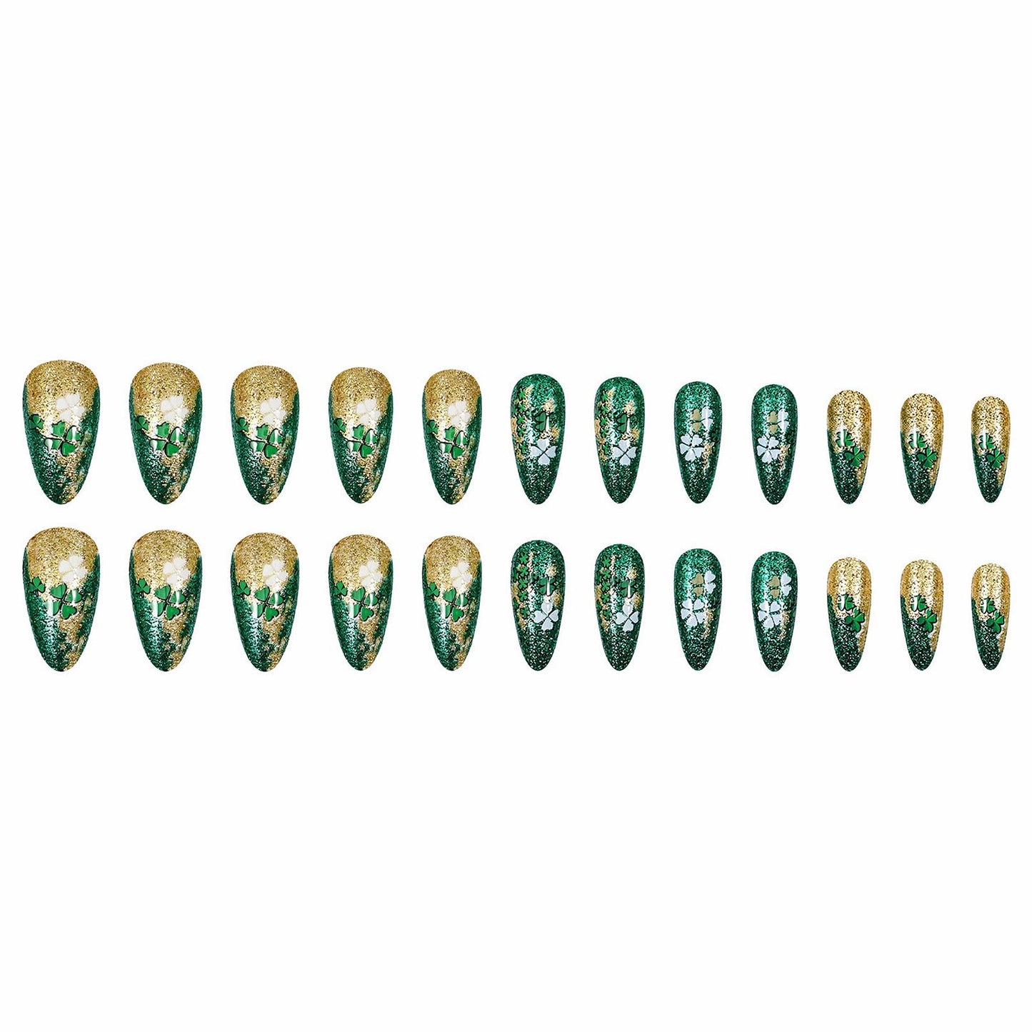 MISUD Press on Nails - Medium Almond Fake Nails with Shamrock, Acrylic Bling Green Gold Glitter Design 24 pcs
