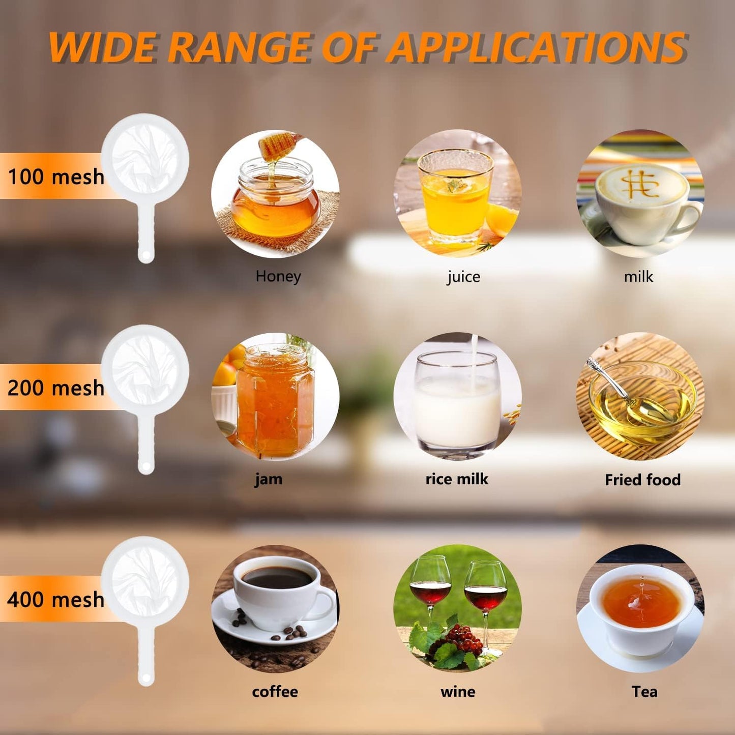 Kitchen Ultra-Fine Nylon Mesh Strainer 10 Inch, Plastic Sieve Fine Mesh with Handle Kitchen Tool For Soy Milk, Coffee, Milk, Yogurt, Juice,Tea Leaf Filter, Honey, Wine (100mesh + 200mesh + 400mesh)