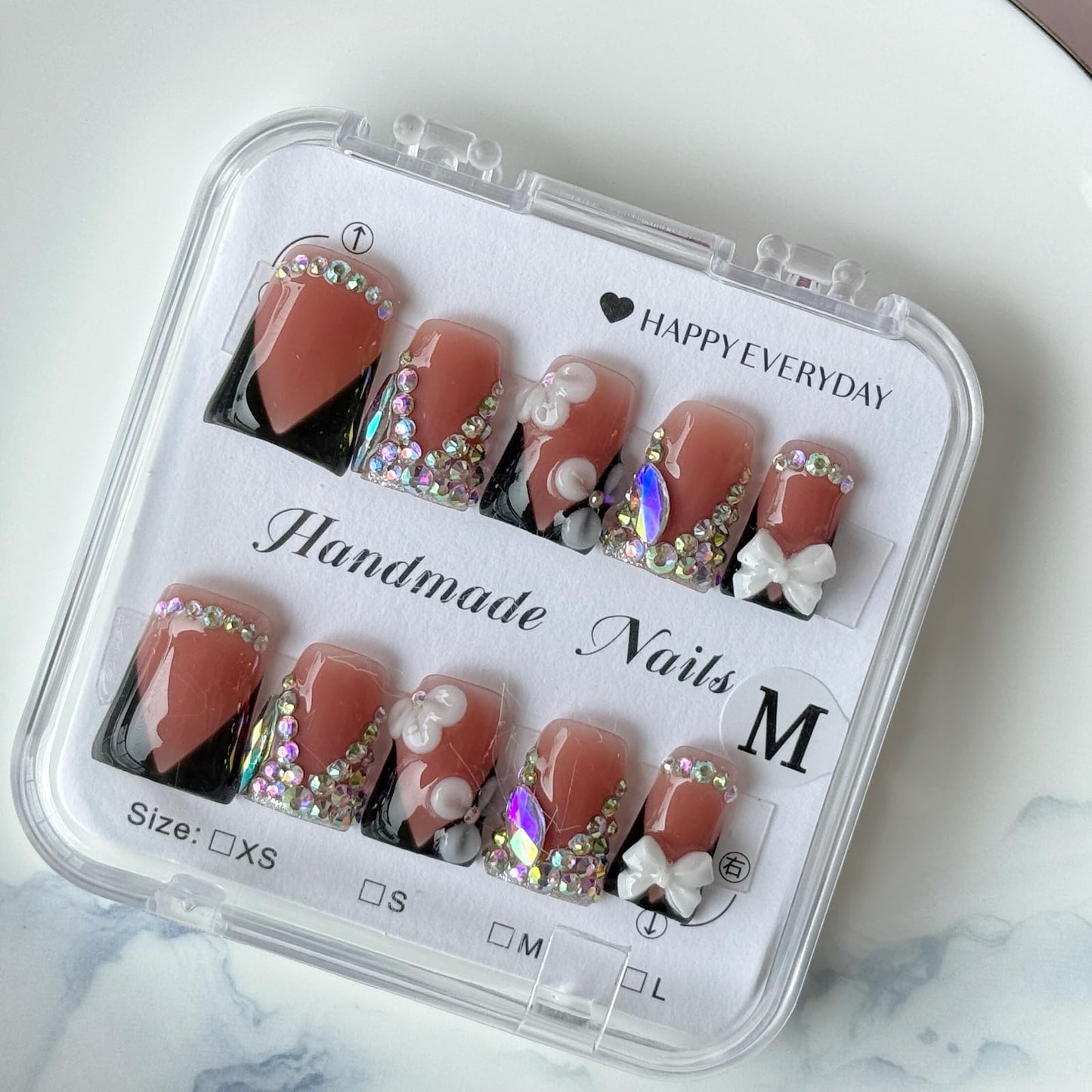Haozerart Luxury Handmade Press-on Nails, 10 Pcs Short Square Black V French Tip Fake Nails with Rhinestones & White Bow, Reusable Nail Kit for Women M Size