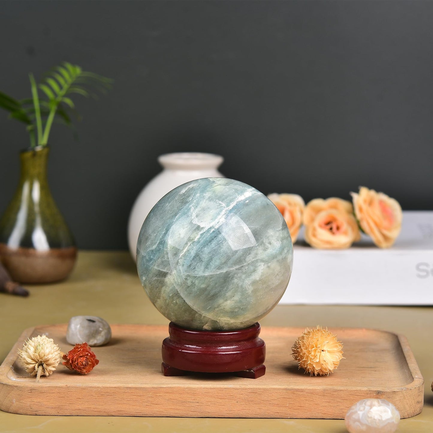 JIC Gem Natural Trolleite Crystal Ball Sphere Blue Healing Crystal Gemstone Ball with Display Stand Home Decor Meditation Grid Energy Balance (50-60mm)