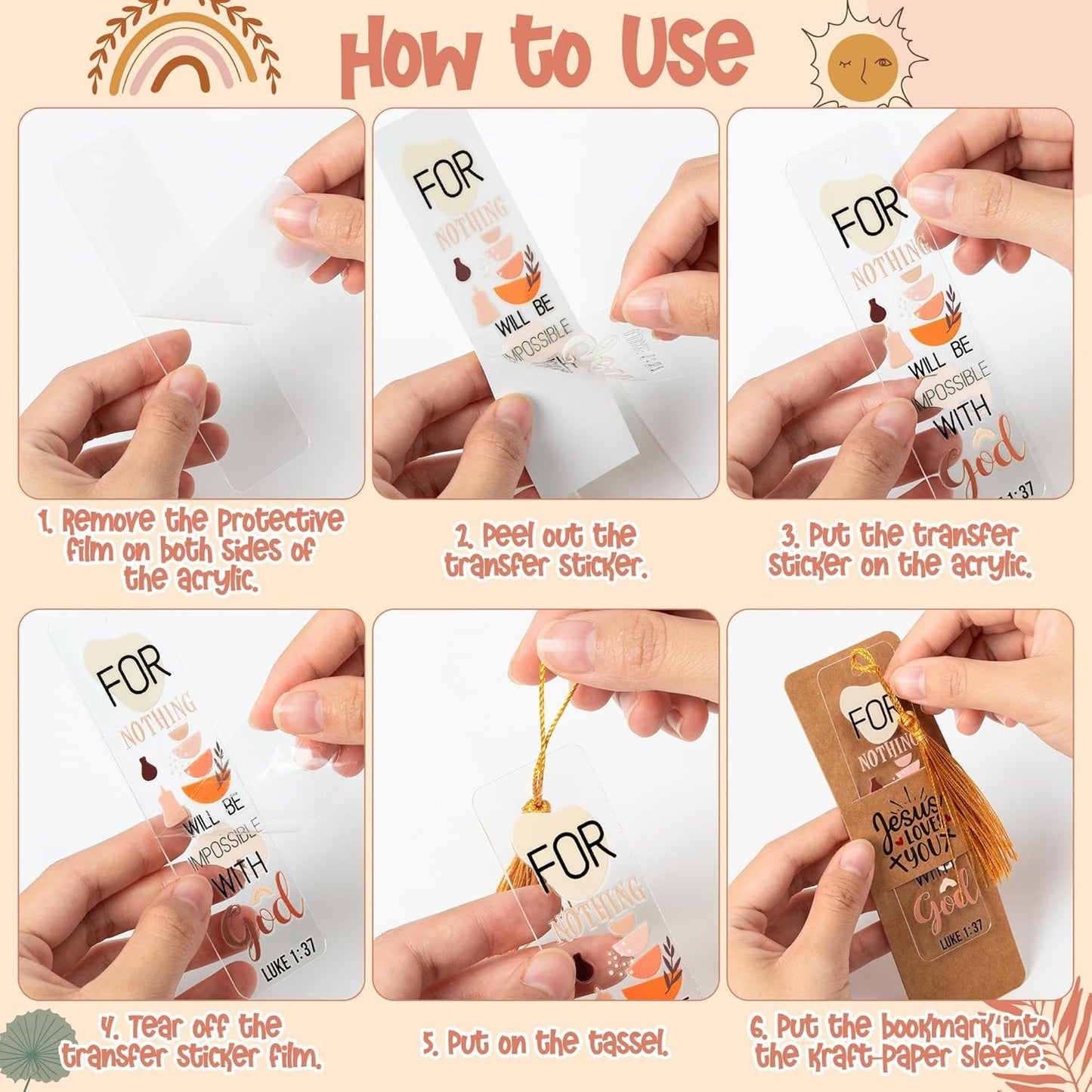 Haooryx Boho Christian Bible DIY Bookmark- 96Pcs Bible Verse DIY Bookmark UV DTF Transfer Sticker Blank Acrylic Tassel Bookmarks Transparent Rectangle Acrylic Bookmark for Kids DIY Crafts Kit Gift Tag