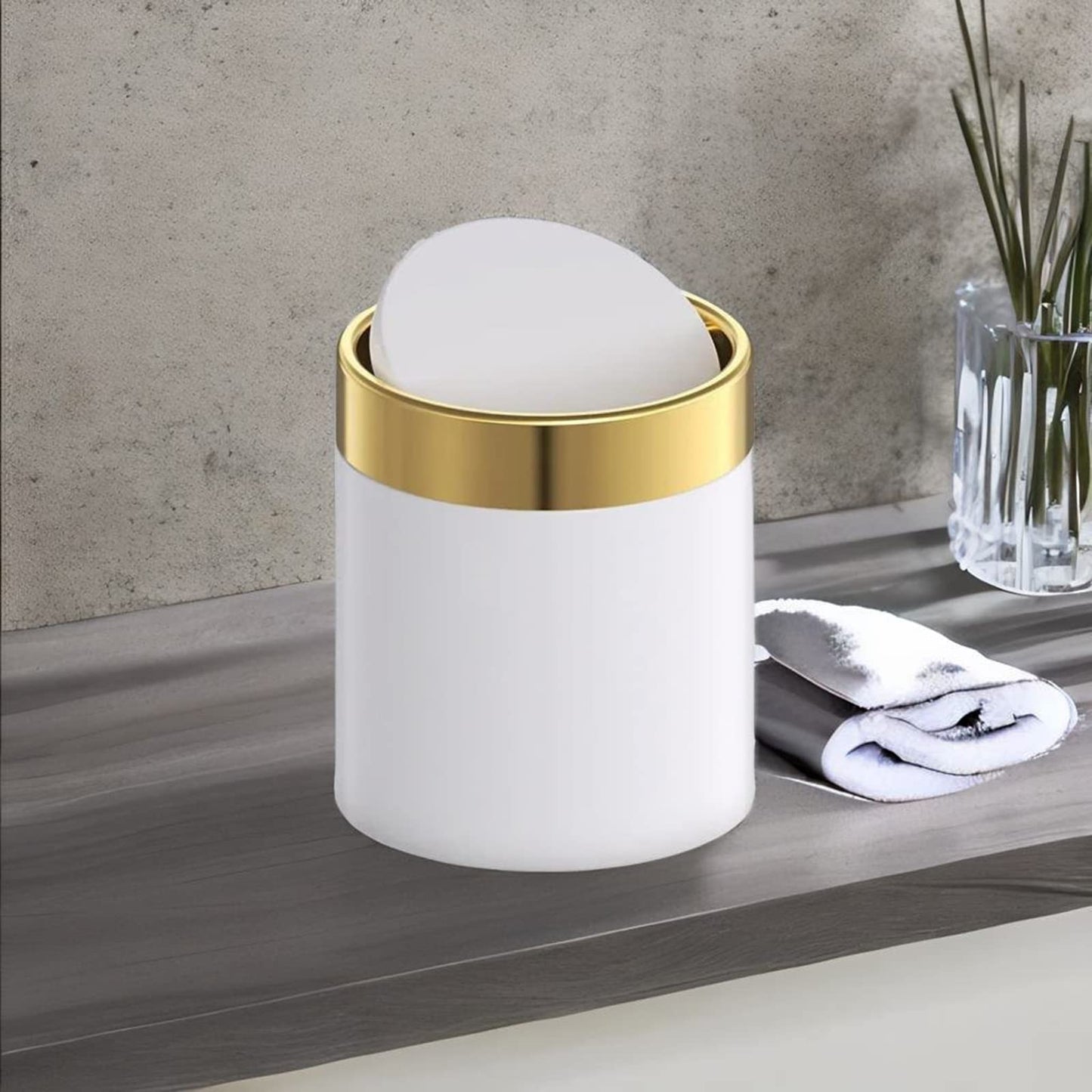 JILLICK Mini Trash Can with Lid, Metal Small Tiny Mini Trash Bin Can, Mini Countertop Trash Cans for Desk Car Office Kitchen, Swing Top Trash Bin 1.5 L/0.40 Gal (White)