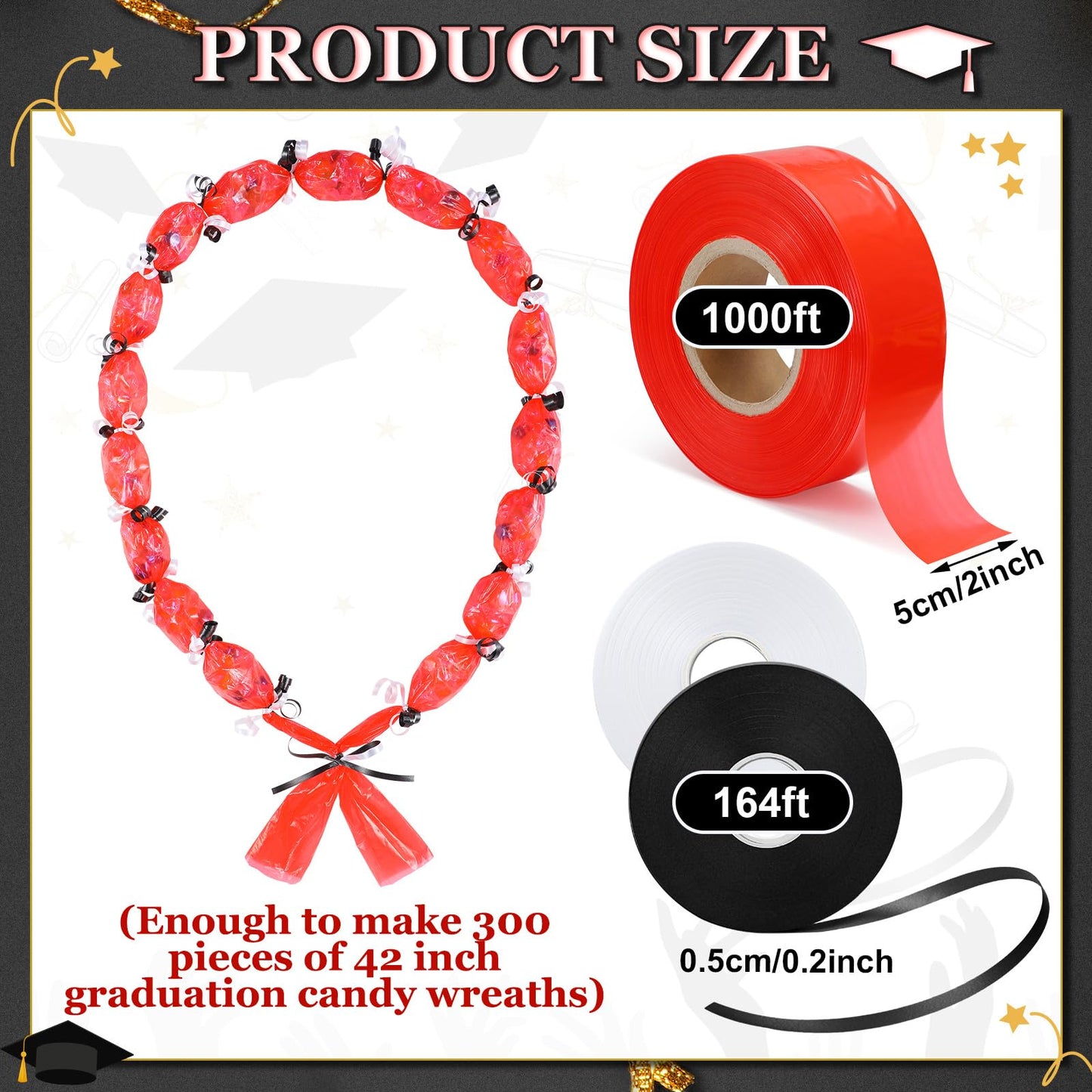 Sinload Candy Lei Poly Tubing 2 Inch x 1000 ft Graduation Candy Lei Making Kit with 2 Rolls Ribbon Class of 2026 Congrats Grad for Party DIY Graduation Wreaths Packing Snacks Gift(Red)