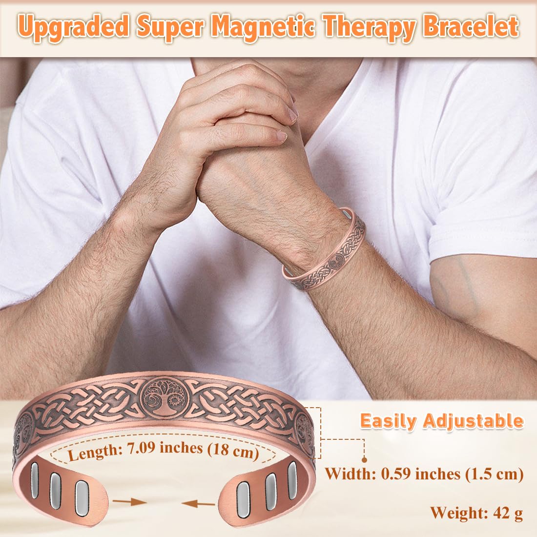 Cigmag Copper Magnetic Bracelet for Men, with Powerful 9X 5000 Gauss Magnets, Adjustable Solid Pure Copper (Sun Moon Life Tree)