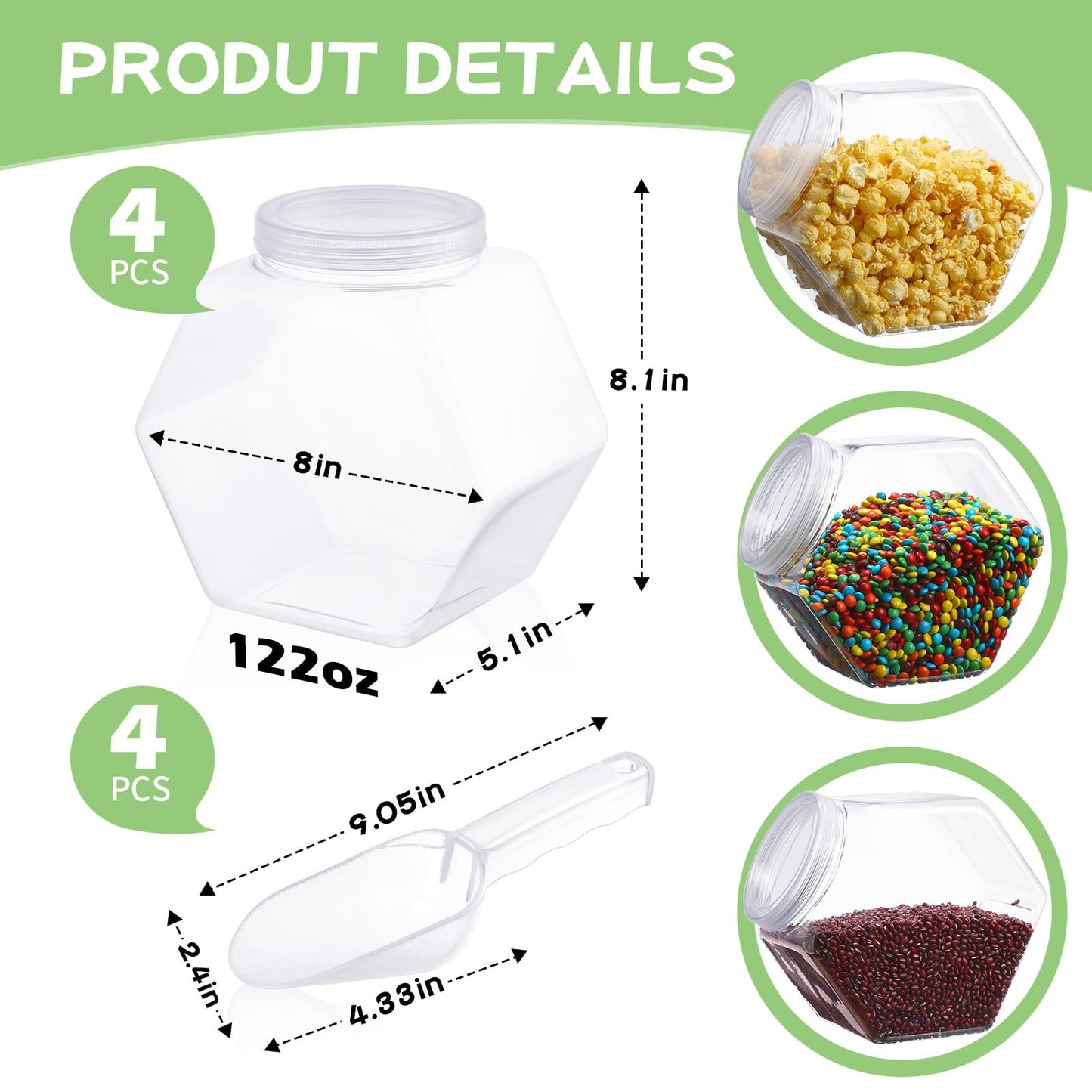 4 Pcs 122 oz Plastic Candy Jar with Lids and Scoops Hexagon Cookie Jars Clear Reusable Containers for Kitchen Counter Candy Bar for Cookies, Pets Treats, Laundry Pod, Craft Supplies Display Storage