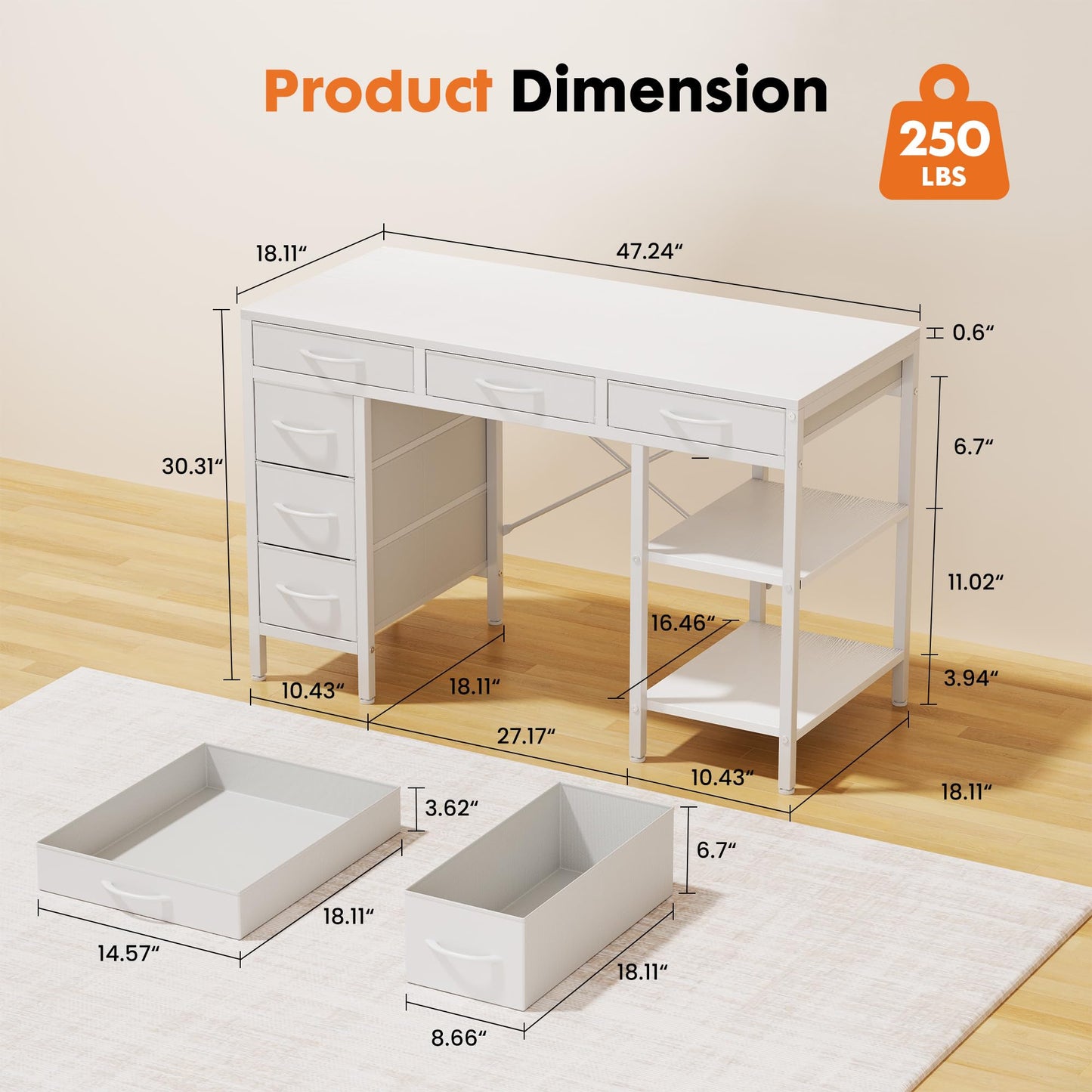 Sweetcrispy 47" Computer Desk with 6 Drawers, Home Office Gaming Desks with Storage Shelves for Bedroom, Writing Study Corner Living Room Work Table White