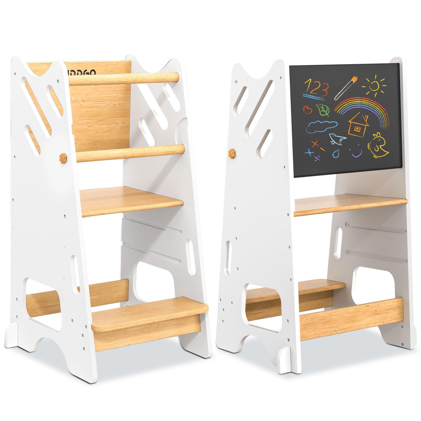 Toddler Standing Tower with Safty Rail & Non-Slip Pads, 3 Height Adjustable Toddler Tower with Chalkboard, Great for Kitchen Activities, Hand Washing & Creative Play, White