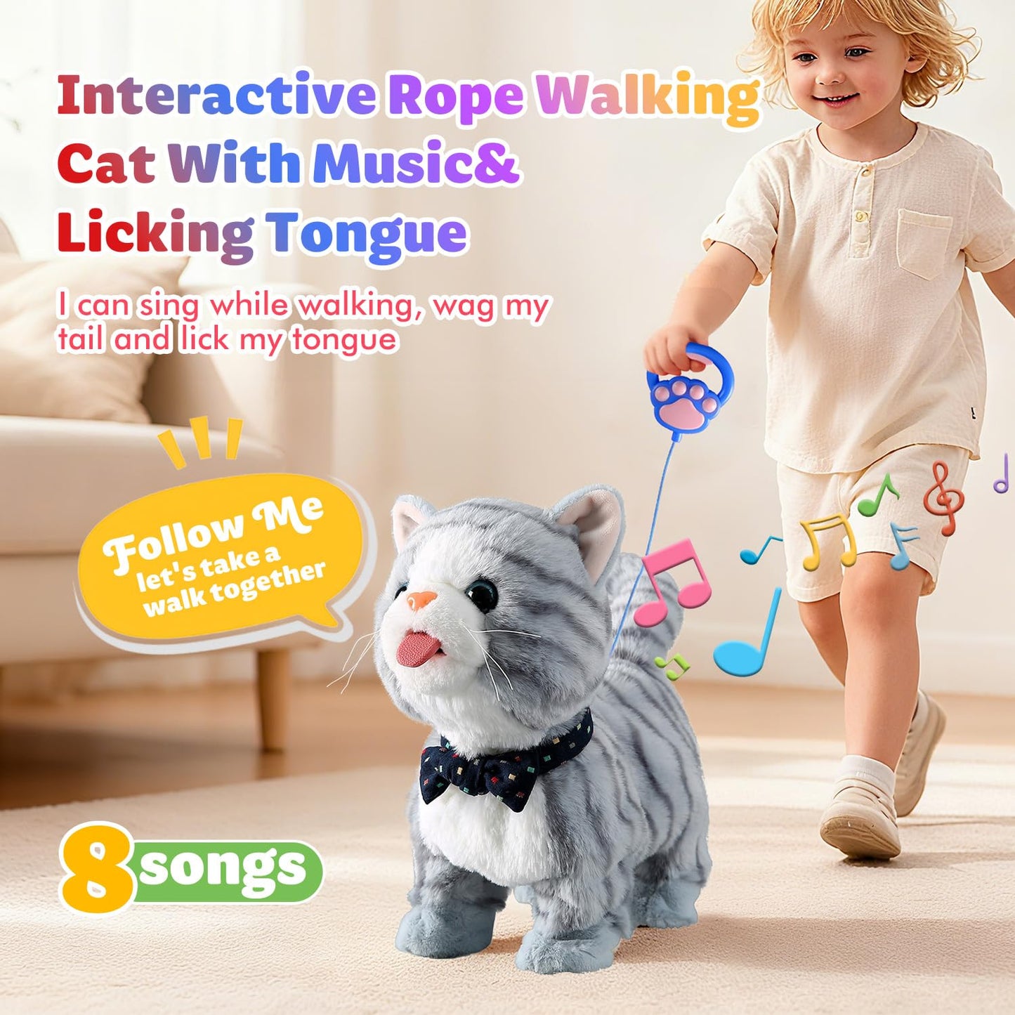 Gray Walking Cat Toy for Girls Kittens Interactive Talking Cat Meows Singing Dancing Mimicking Kitty Toys Set for Baby with Leash Plush Electronic Robot Kitties for Kids Toddlers