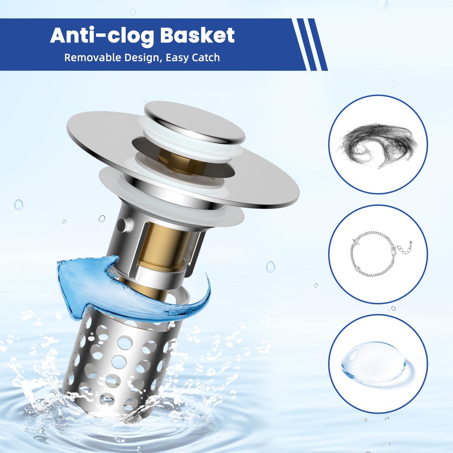 Universal Bathroom Sink Drain Strainer Hair Catcher 2PCS Upgraded with Removable Stainless Steel Filter Basket, 3 in 1 Pop Up Sink Stopper for 1.1''~2.36'' Sink Basin Hole, Chrome