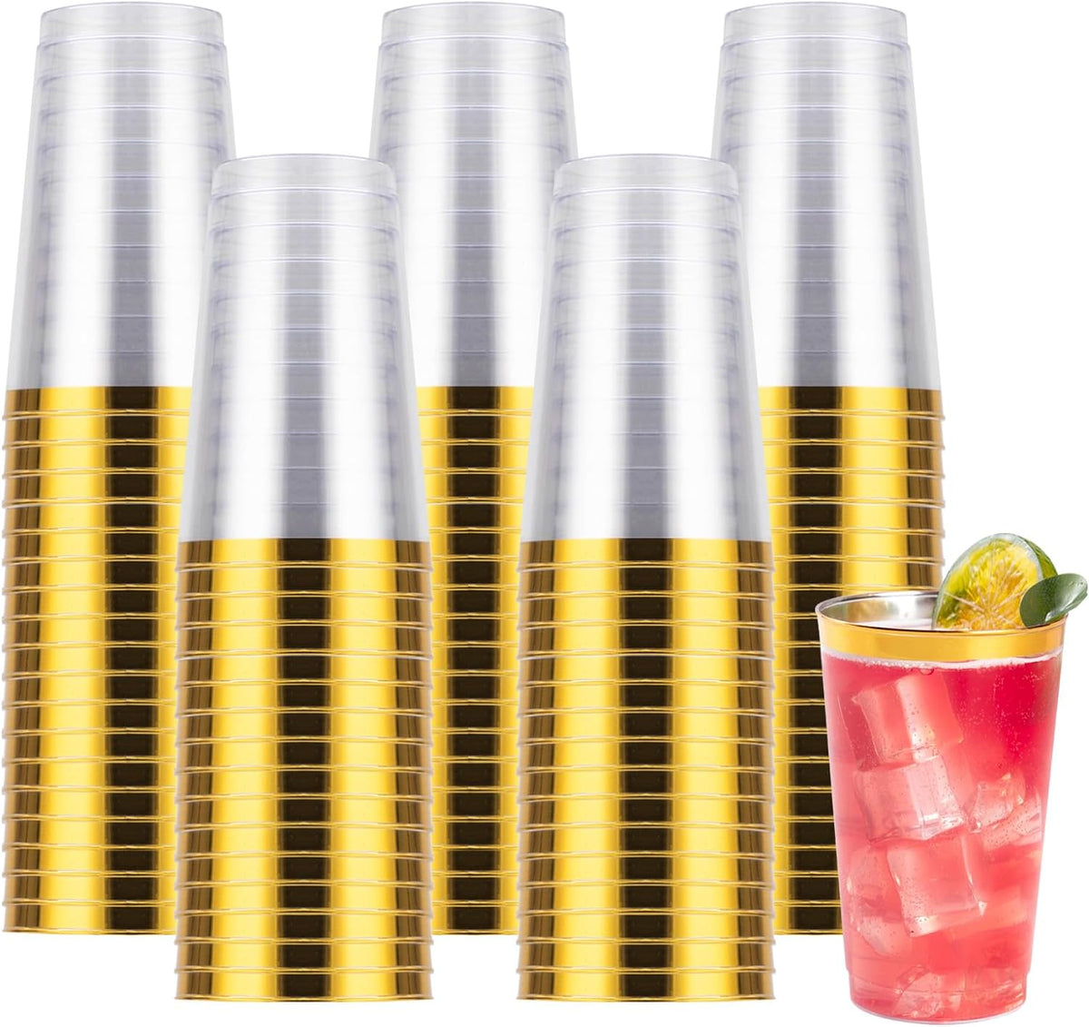Goodluck 100PCS 14oz Gold Plastic Cups for Party, Disposable Gold Rim Cups, Plastic Cocktail Glasses for Wedding Thanksgiving, Christmas, and Parties
