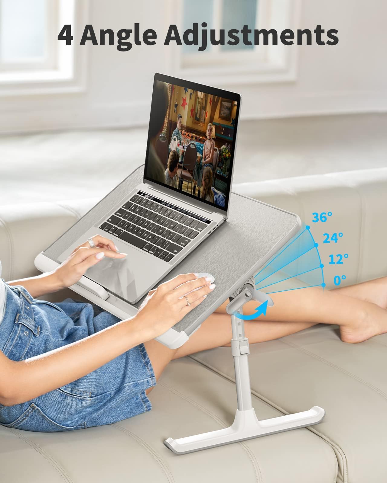 SAIJI Laptop Bed Tray Table - 23.6" x 13" Adjustable Portable Standing Desk with Storage Drawer, Foldable Lap Desk Fits 17" Laptop, PVC Leather for Couch Sofa (Gray)