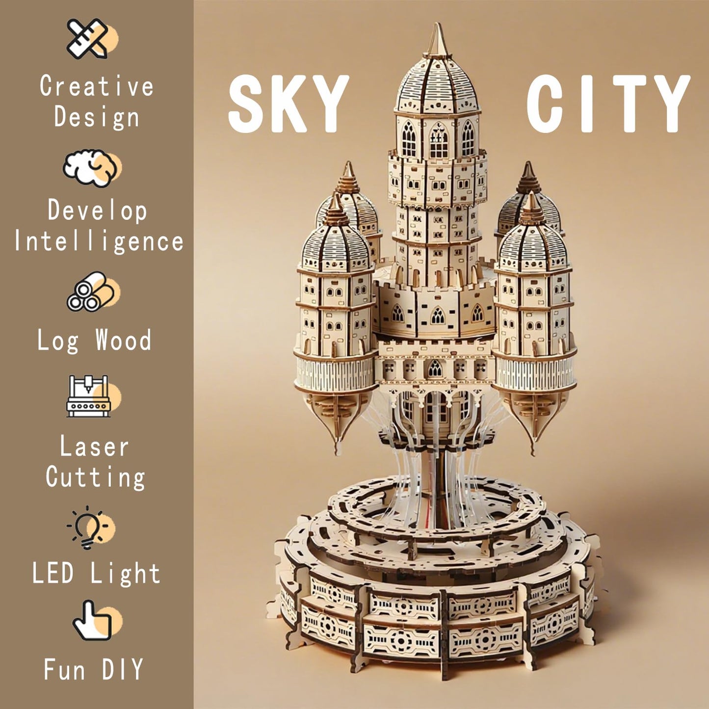 3D Wooden Puzzle for Adults Castle City in the Sky Music Box Puzzle Kit, 521 Pieces LED Light & Rotating Base DIY Mechanical Building Kit for Adults & Teens, Unique Home Decor & Creative Gift Idea