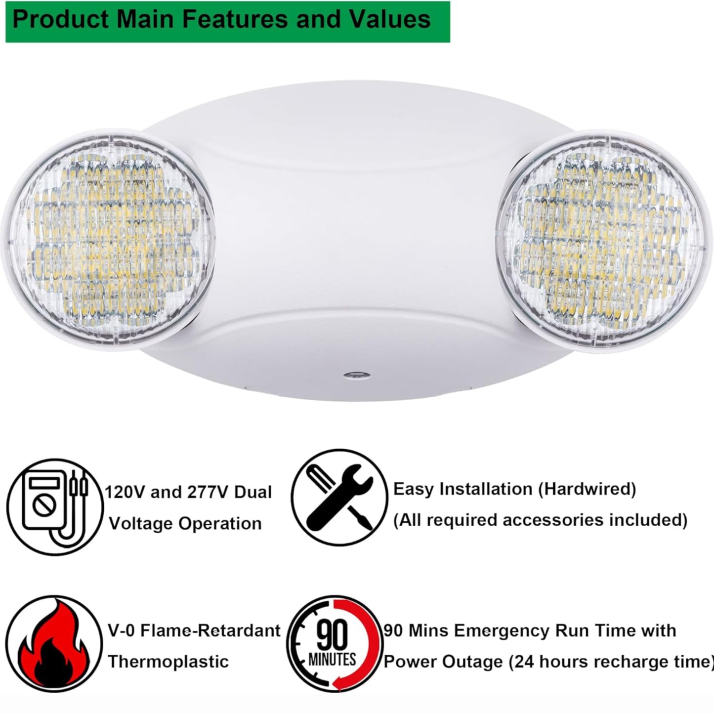 LIT-PaTH LED Emergency Lighting Fixtures with 2 LED Bug Eye Heads and Back Up Batteries- US Standard Exit Light, UL 924 and CEC Qualified, 120/277 Voltage, White, 1-Pack
