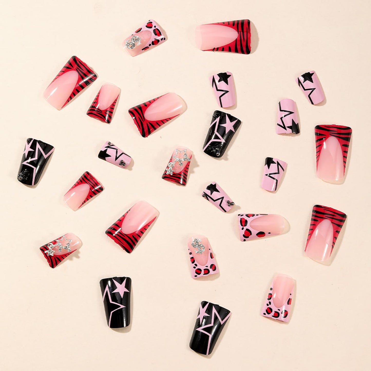 IMSOHOT Y2K Duck Press on Nails Pink Black French Tips Fake Nails Full Cover Star Print Artificial False Nails Cute Duck Feet Medium False Nails for Women 24PCS