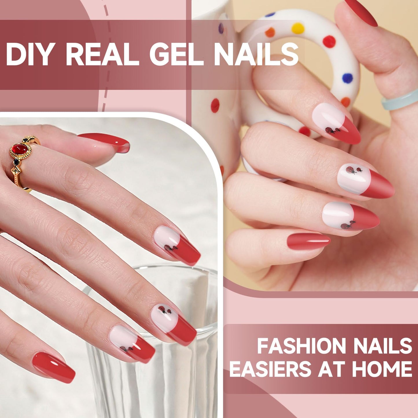 Semi Cured Gel Nail Strips,28 Pcs French Nail Stickers Full Wraps, Polish Stickers Stick On Nails,UV Lamp Cure,Easy to Apply(French red)