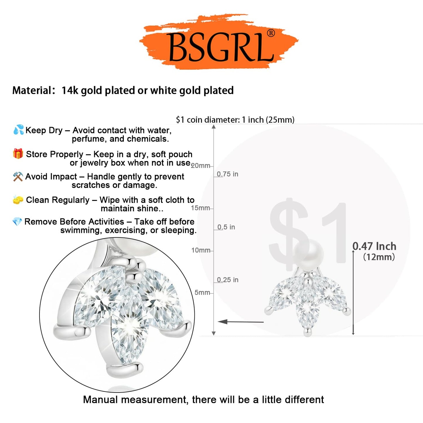 BSGRL Pearl Earrings - Silver 14k White Gold Plated 3pcs Marquise Cut Cubic Zirconia Pearl Stud Earrings for Women Wedding Party Bridal