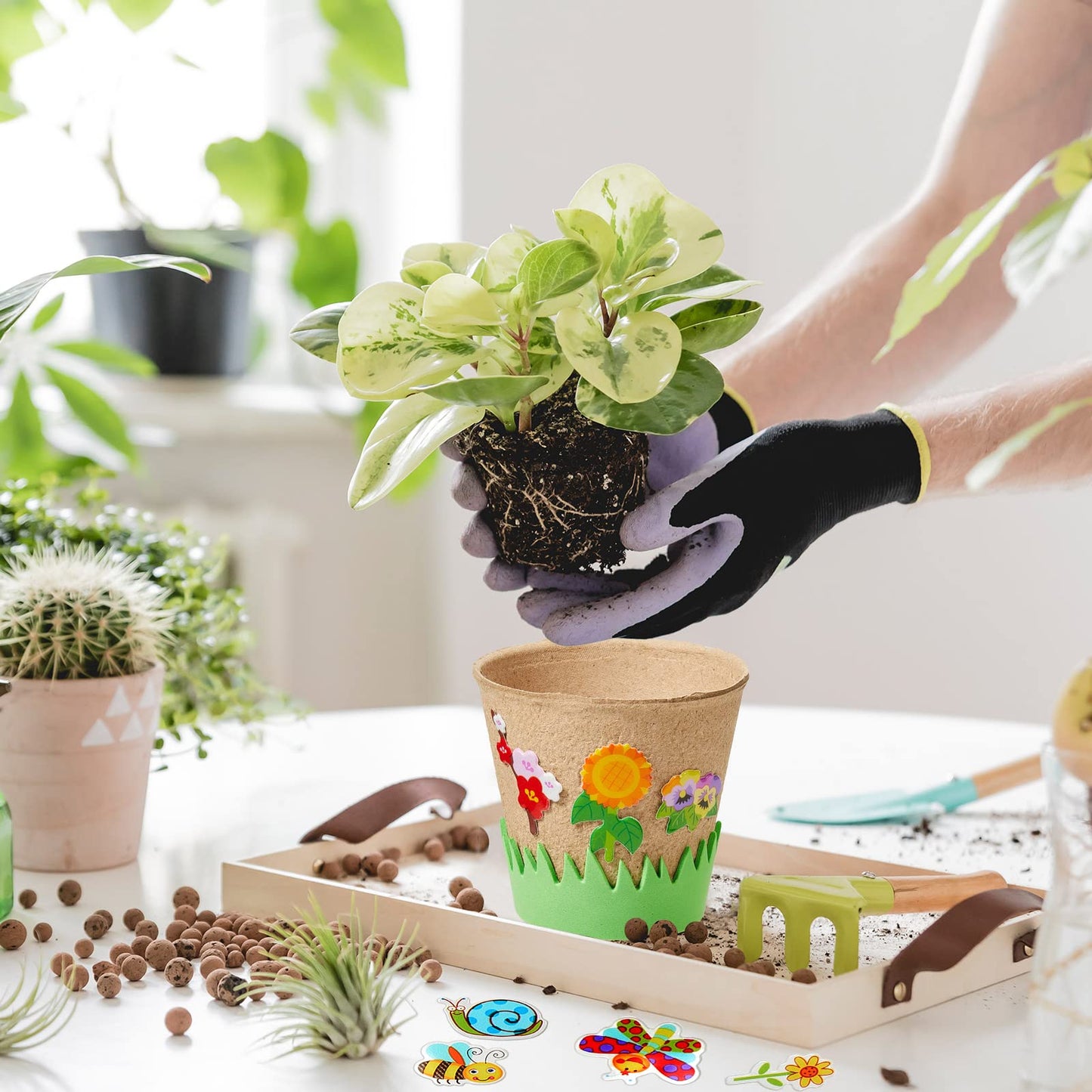 Gueevin 50 Pack Garden Paper Pot Craft Kit Flower Plant Spring Craft Including Peat Plant Pots Adhesive Foam Stickers Pot Stickers EVA Grass for DIY Flower Planting Growing