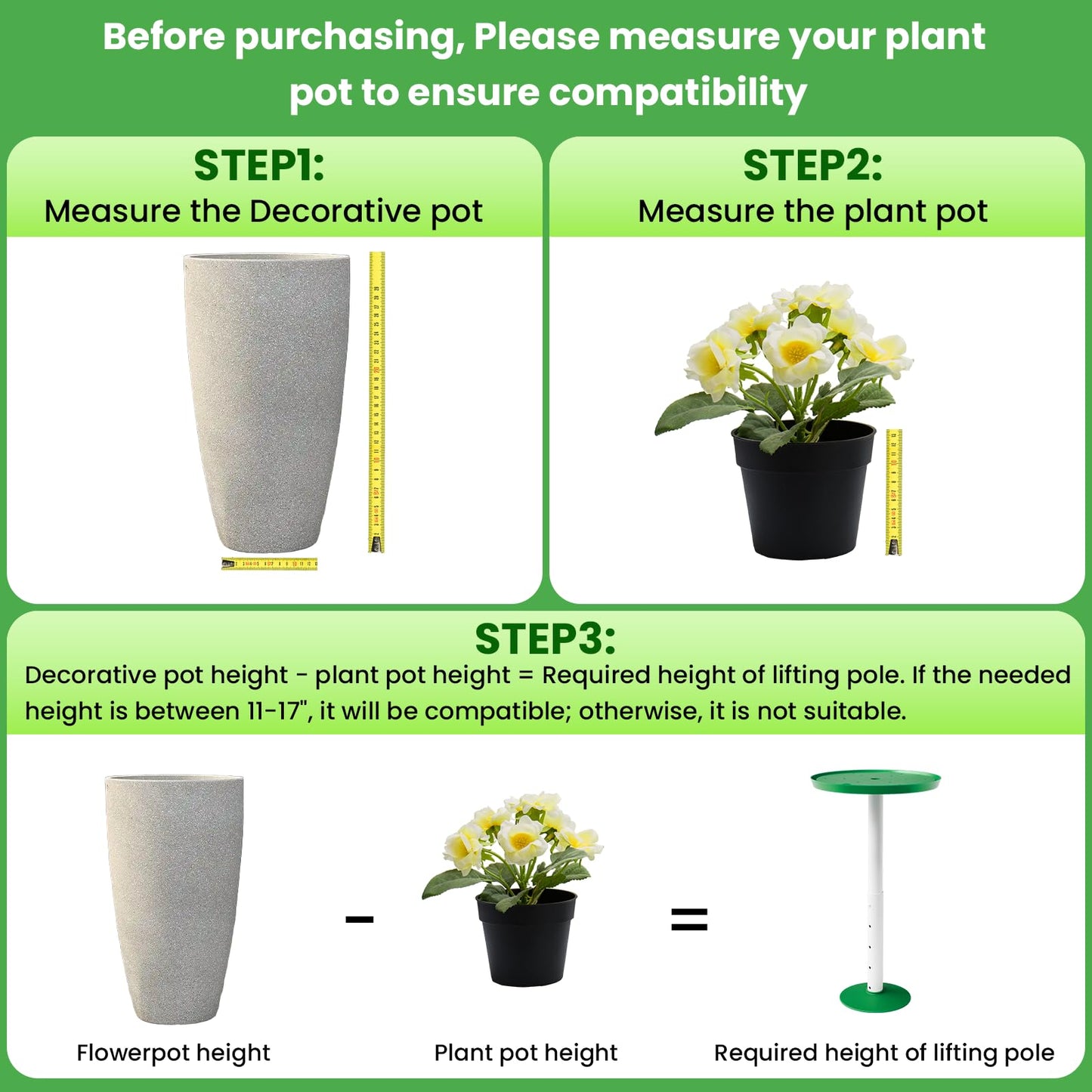 Somcthao Adjustable Height Planter Inserts for Large Pots, Tall Tapered Plant Riser for Inside Pots, (11-17” Rise, 6" Base, 8" or 10" Top) (1-Pack Short Lift 11-17” Rise)