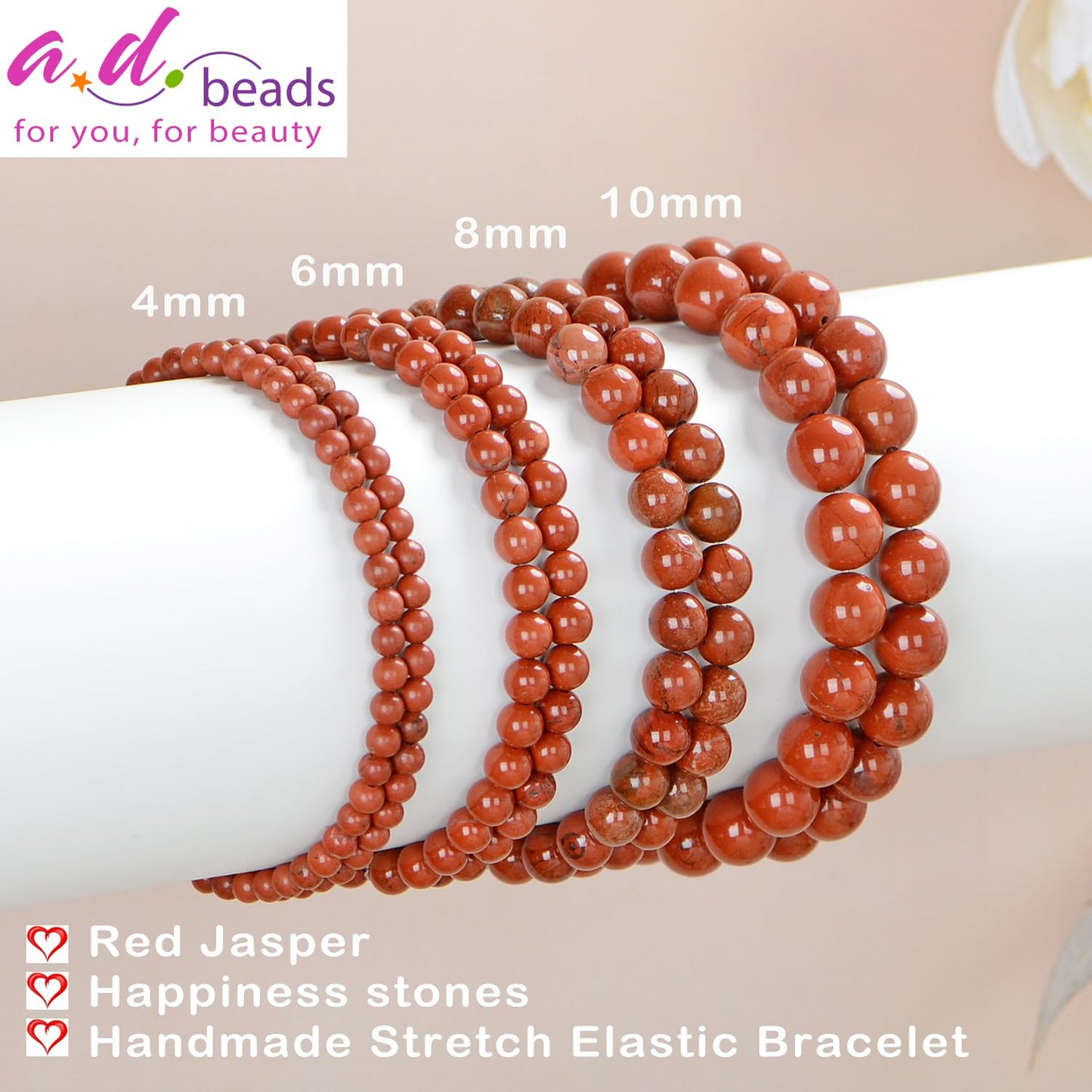 AD Beads Handmade Gemstone Stretch Elastic Bracelet Crystal Healing Reiki Nature's Beauty and Spiritual Essence Unisex (8mm, Red Jasper)