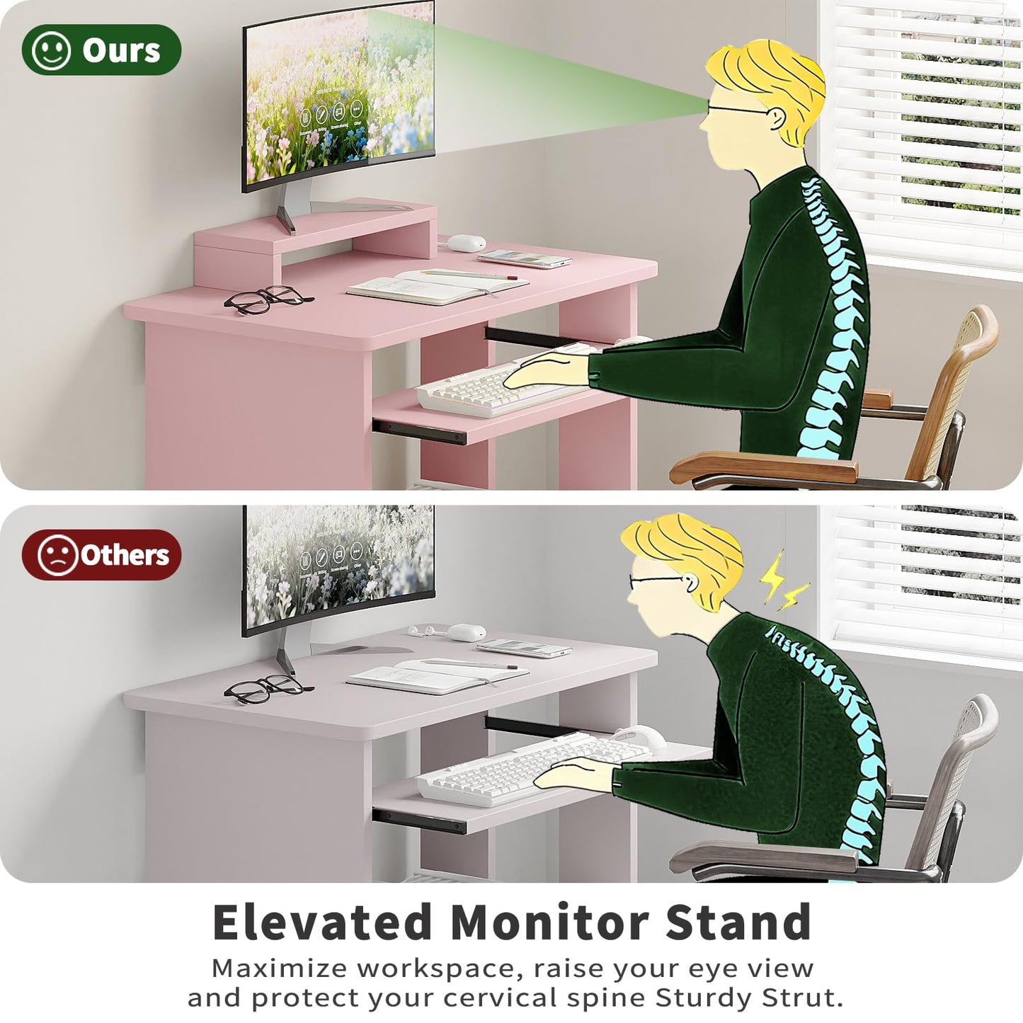 ALISENED 30" Small Computer Desk with Keyboard Tray Monitor Stand, Study Writing Desk with Storage Shelves, Modern Workstation for Small Spaces, Save Space, Pink