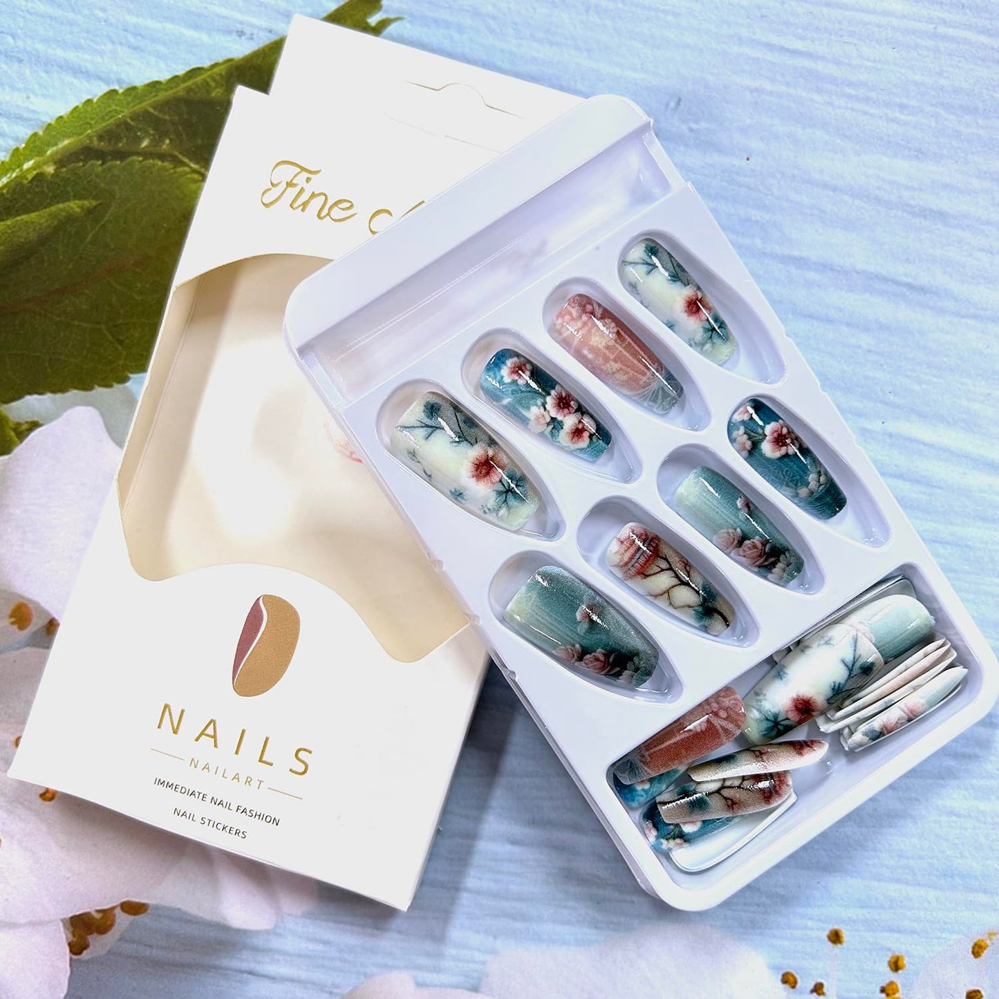 Chinese Style Begonia Press on Nails Medium Ballet Shaped Light Blue False Nails Flower Acrylic Nails Full Cover Stick on Nails Floral Design Artificial Coffin Nails Reusable Glue on Nails for Women