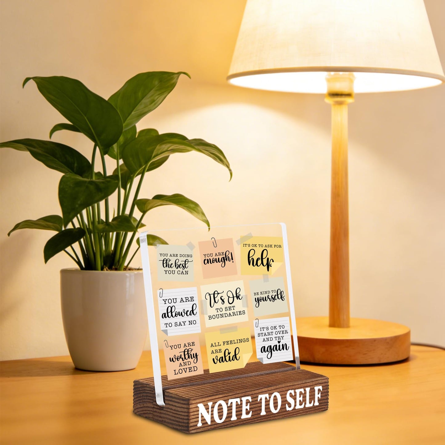 Inspirational Desk Decor with Positive Self Reminder Notes, Acrylic Encouragement Sign with Rustic Wood Base, Motivational Office Desk Gift for Coworker Friend SNOTE11