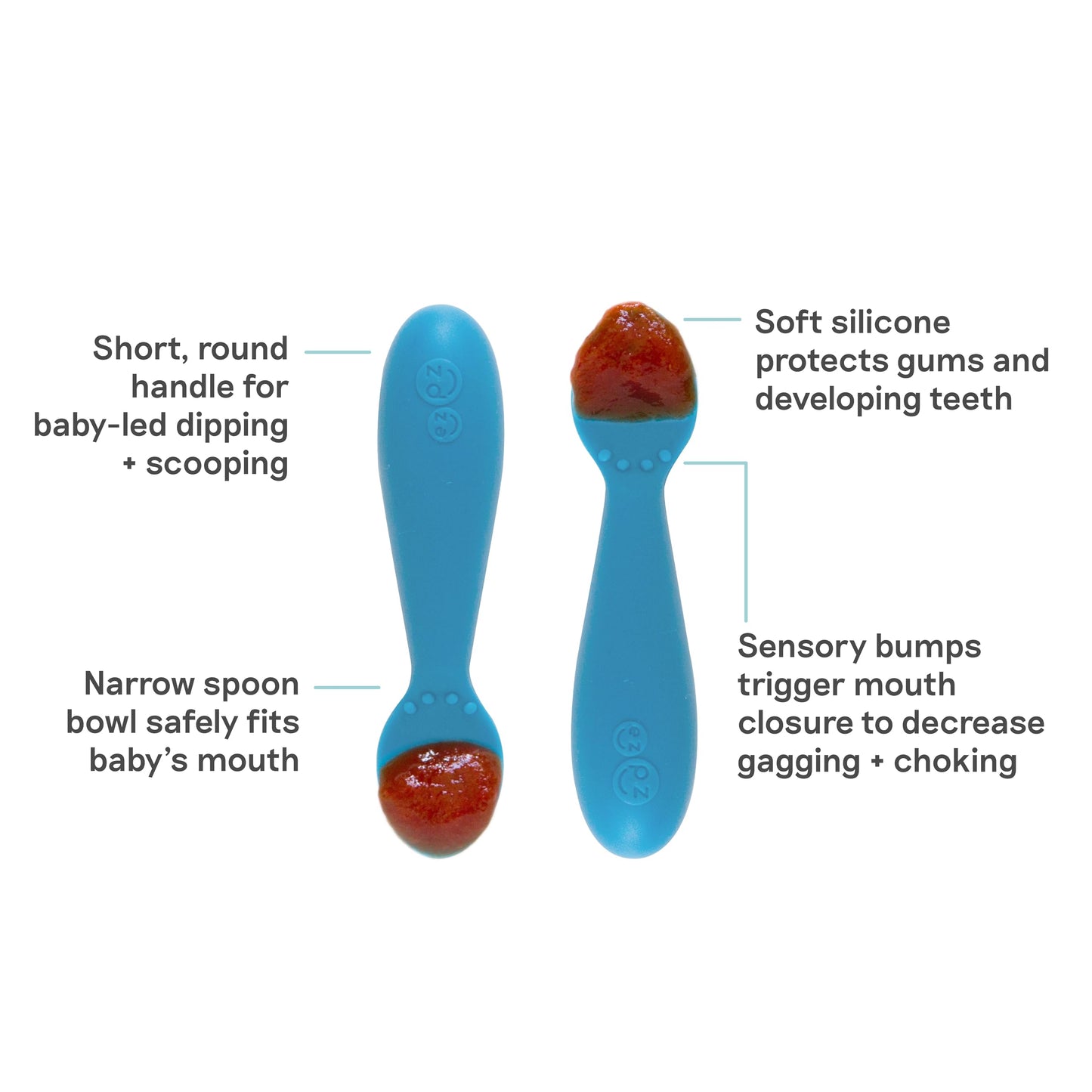 ezpz Tiny Spoon (2 Pack in Blue) - 6 Months+ - 100% Silicone Spoon for Baby Led Weaning + Purees - Designed by a Pediatric Feeding Specialist - Shower Essentials & Gifts