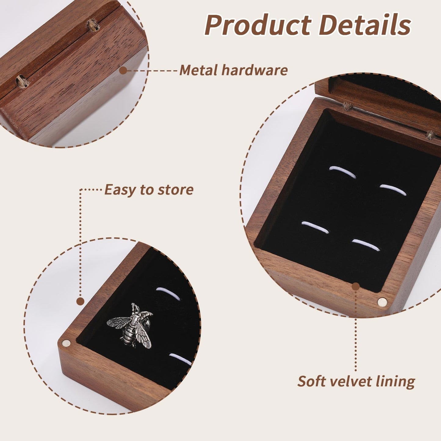 CONCHLERY Wooden Cufflink Tie Clip Box Rectangle Wood Cufflink Gift Box Coconut Brown Jewelry Display Box for Engagement Birthday Anniversary 3.54x2.95inch, Black Inside