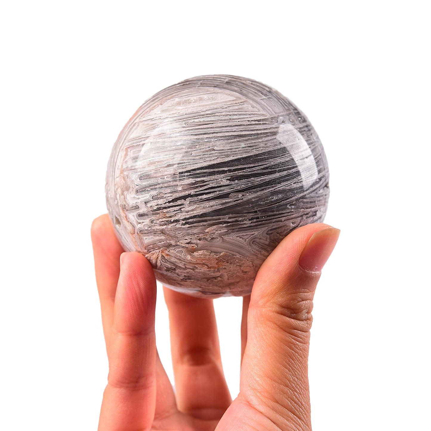 JIC Gem Natural Mexican White Agate Crystal Sphere Crystal Decorative Ball with Wooden Stand Meditation Balls for Witchcraft Reiki Gift 50-60mm