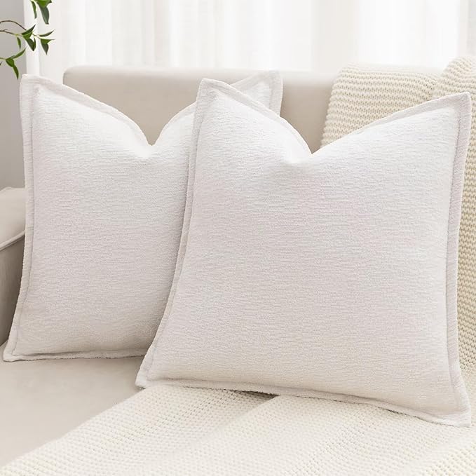 Cream White Decorative Throw Pillow Covers 16x16 Inch Set of 2 Cozy Soild Chenille Cushion Cases Soft Textured Square Couch Pillows Cover Boho Accent Farmhouse Pillowcases for Sofa Bed