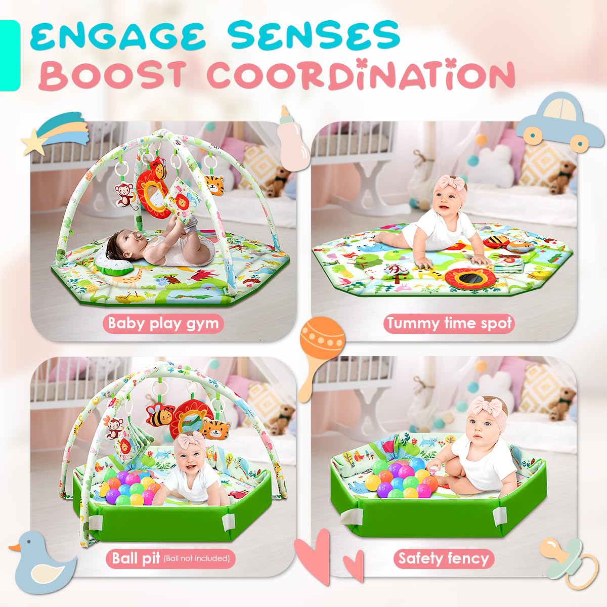 lulunemo Baby Play Mat,Tummy Time Mat with 6 Detachable Toys-Activity Gym for Visual, Auditory & Motor Development-Washable Baby Activity Mat for 0-12 Month Infants(Animal Theme)