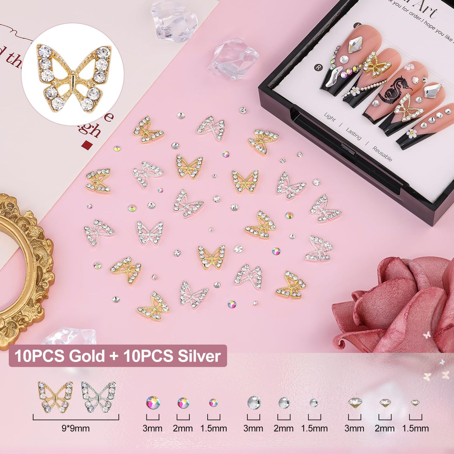 3D Nail Charms and Gems Set 8 with Rhinestone Glue, 20PCS Chunky Butterfly Charms + 75PCS Coquette Nail Bows and Hearts + 3D Flowers with Crystals, Pearls, Diamonds and Picker Tools for Y2K Nail Decor