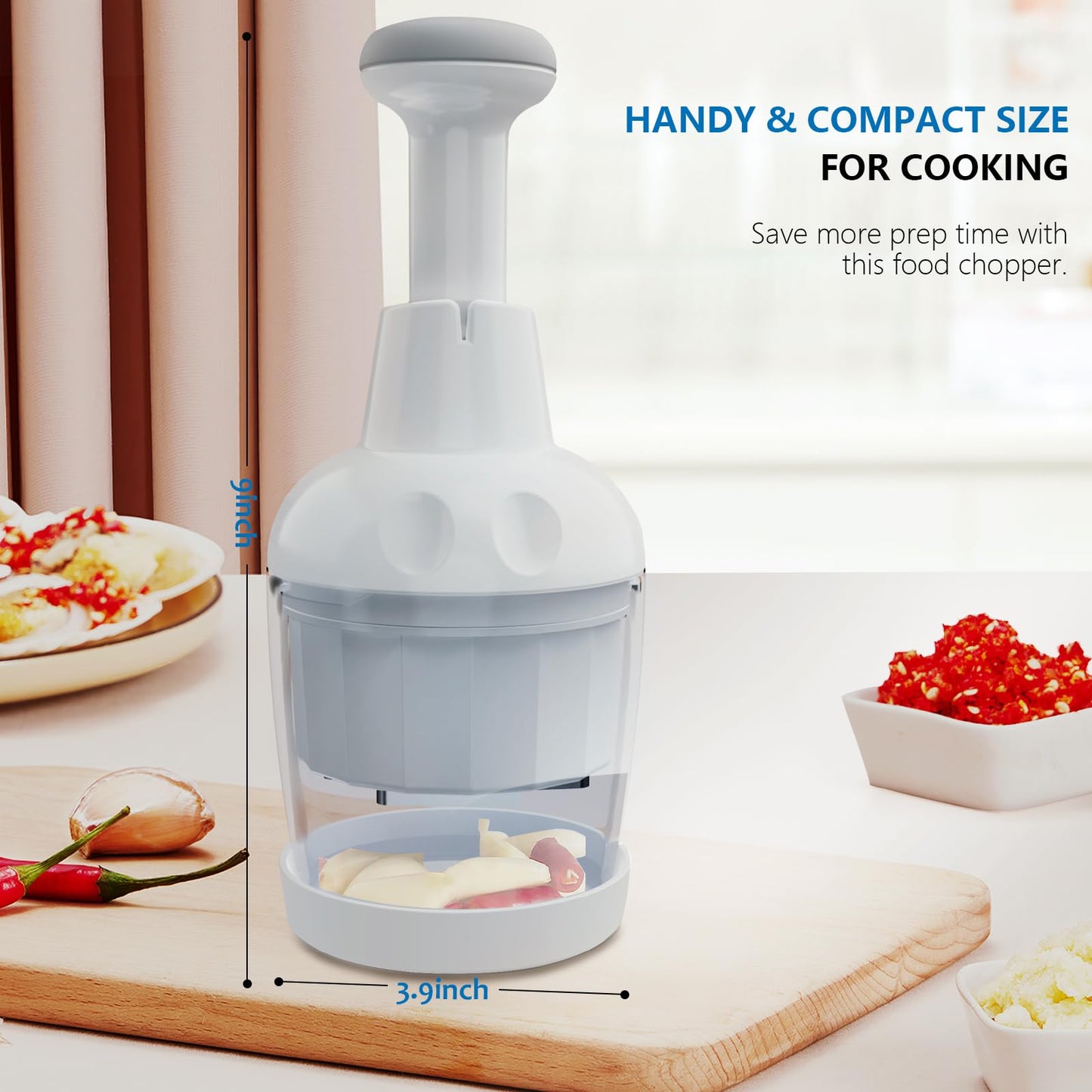 Food Chopper, Handheld Veggie Chopper for Vegetable, Onion, Garlic, Nut, Hand Vegetable Cutter, Dishwasher-safe, Stainless Steel Blade, White.