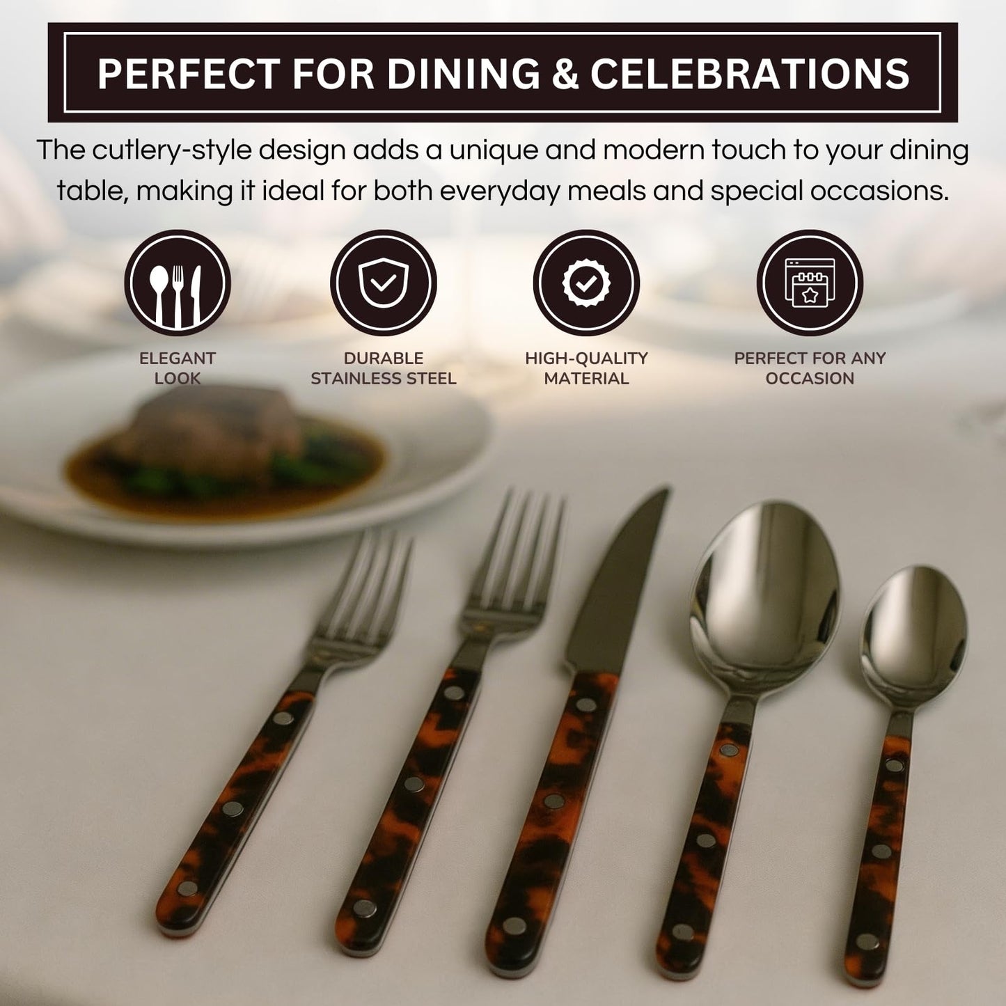 Khen Premium Stainless Steel Flatware Set, 20 Piece Tortoise Cutlery Collection, Mirror Polished Tableware Utensils for Kitchen Dining, Elegant Modern Design with ABS Handle, Durable Dinnerware