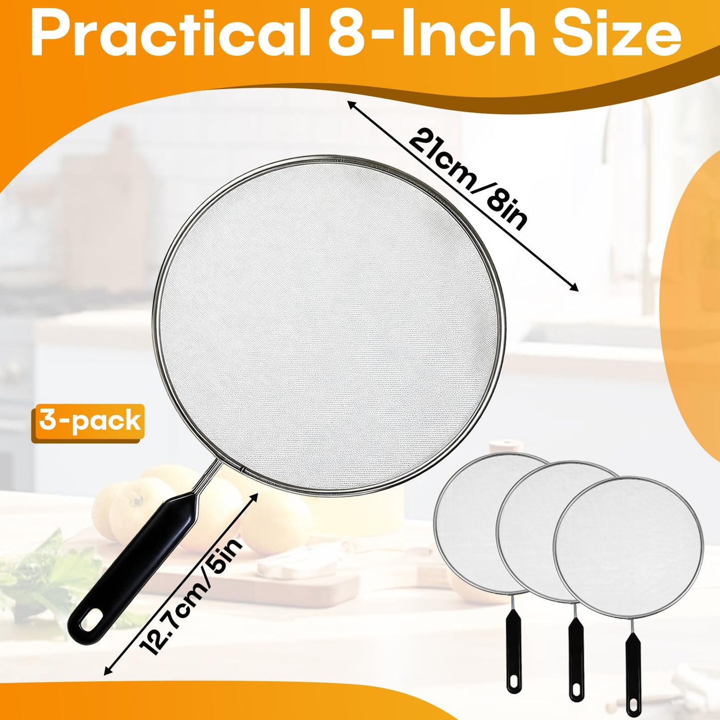 8 Inch Splatter Screen for Frying Pan, Stainless Steel Grease Splatter Guard with Fine Mesh and Heat-Resistant Handle, Kitchen Oil Splash Guard for Cooking and Frying