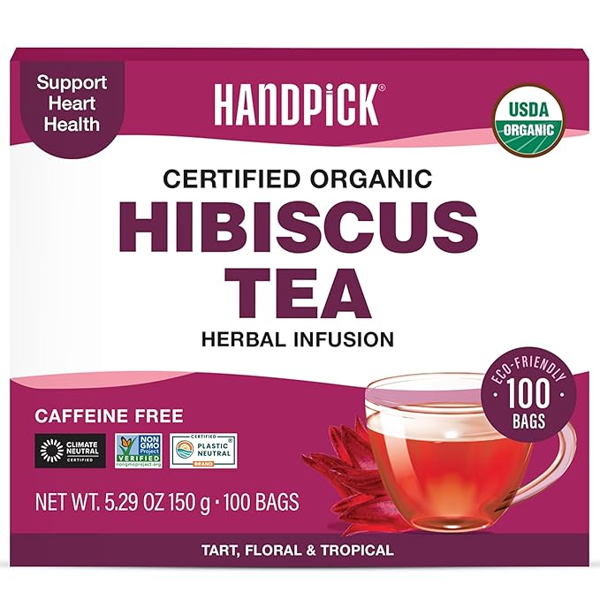 HANDPICK, Organic Hibiscus Tea Bags (100 Tea Bags) | Caffeine-Free, 100% Natural Pure Indian Hibiscus Flowers | Ayurvedic Benefits in every sip