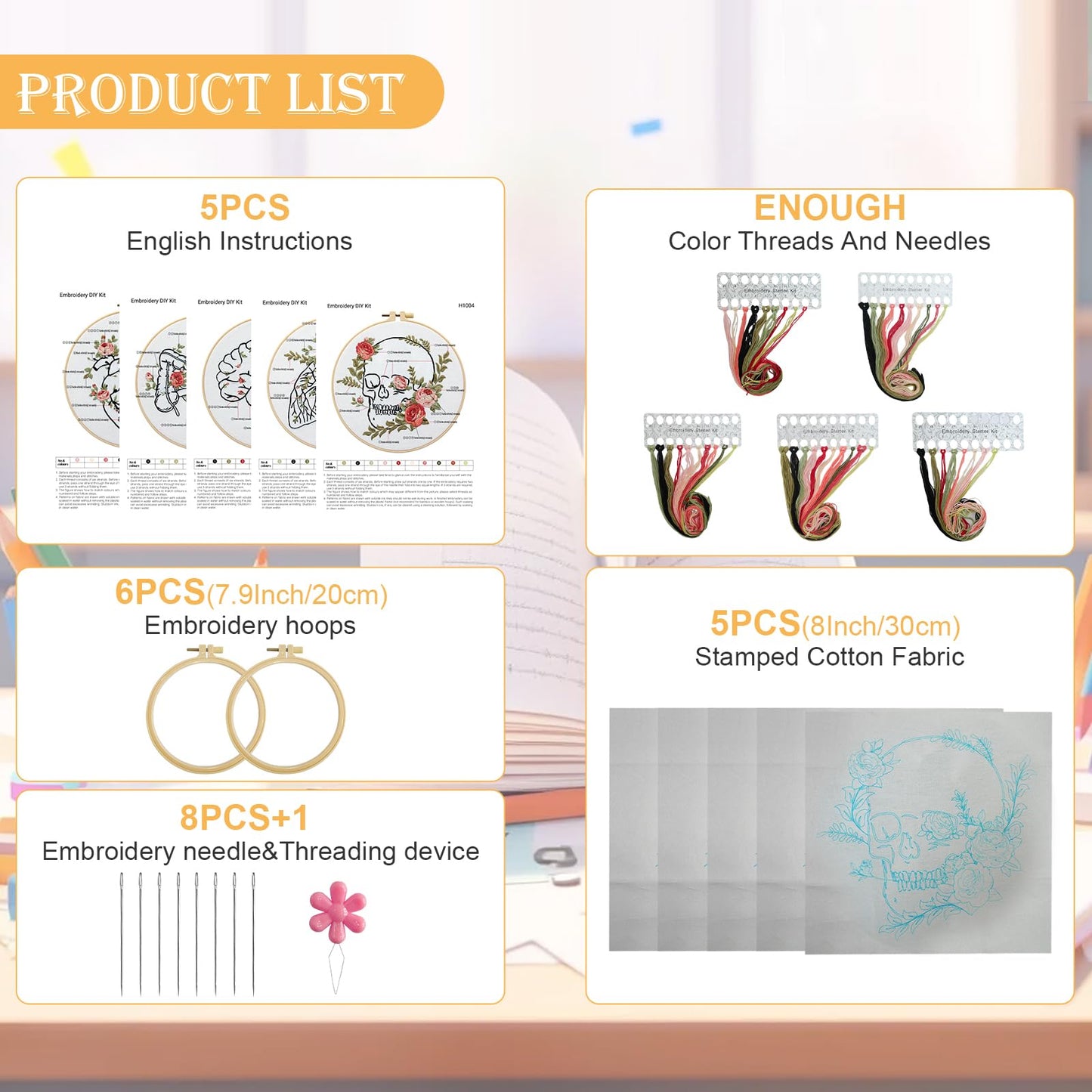 5 Sets Skull Embroidery Kits for Beginners Adults, Anatomy Embroidery Starter Kit for Doctors Nurses Christmas Gifts with Floral Stamped Pattern DIY Needlepoint Kit Cross Stitch Set Includes 2 Hoops