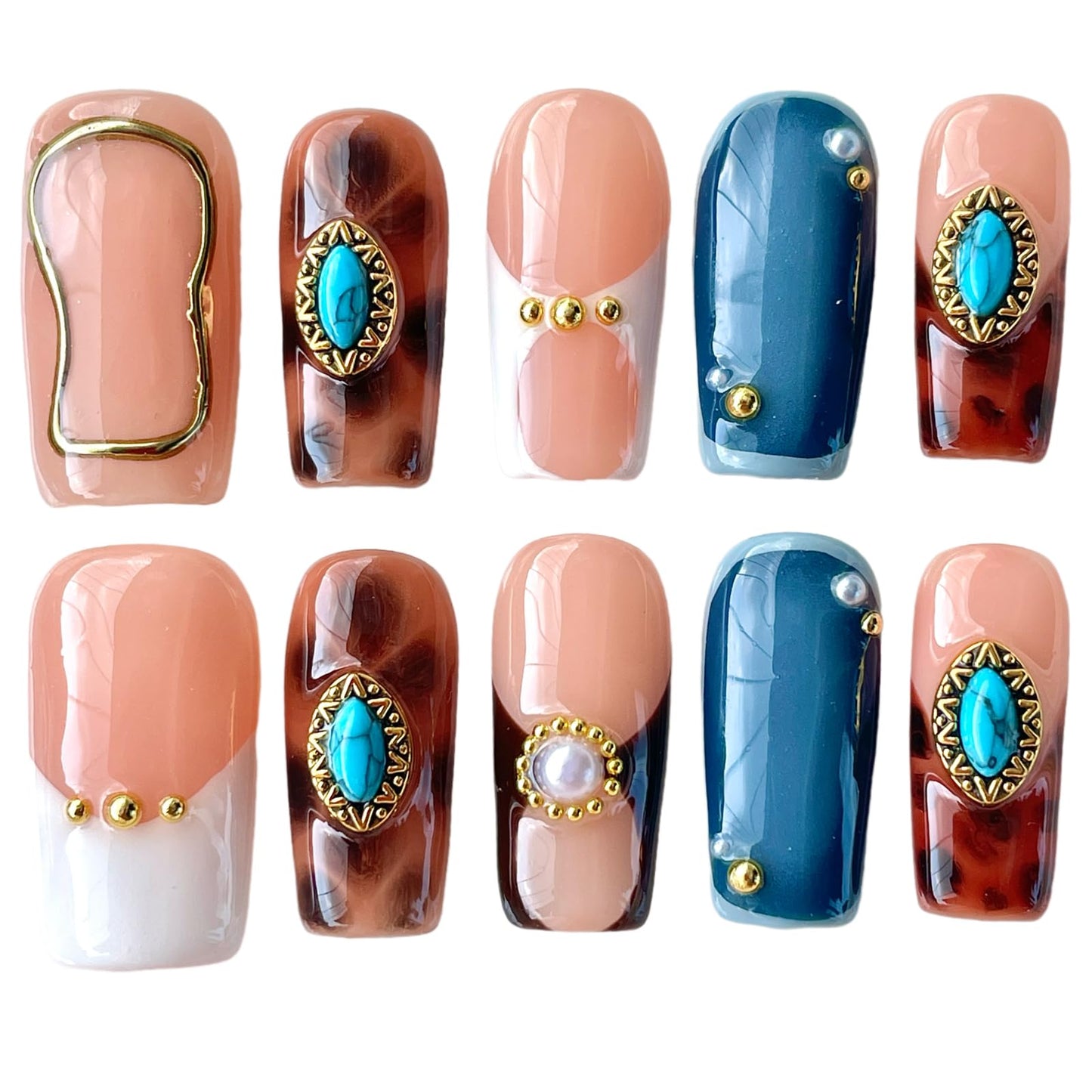 Handmade Press on Nails - Turquoise & White French Tip Short/Medium Square Shape, Amber Print Acrylic Reusable False Nails with Pearl Accents (Turquoise, S)
