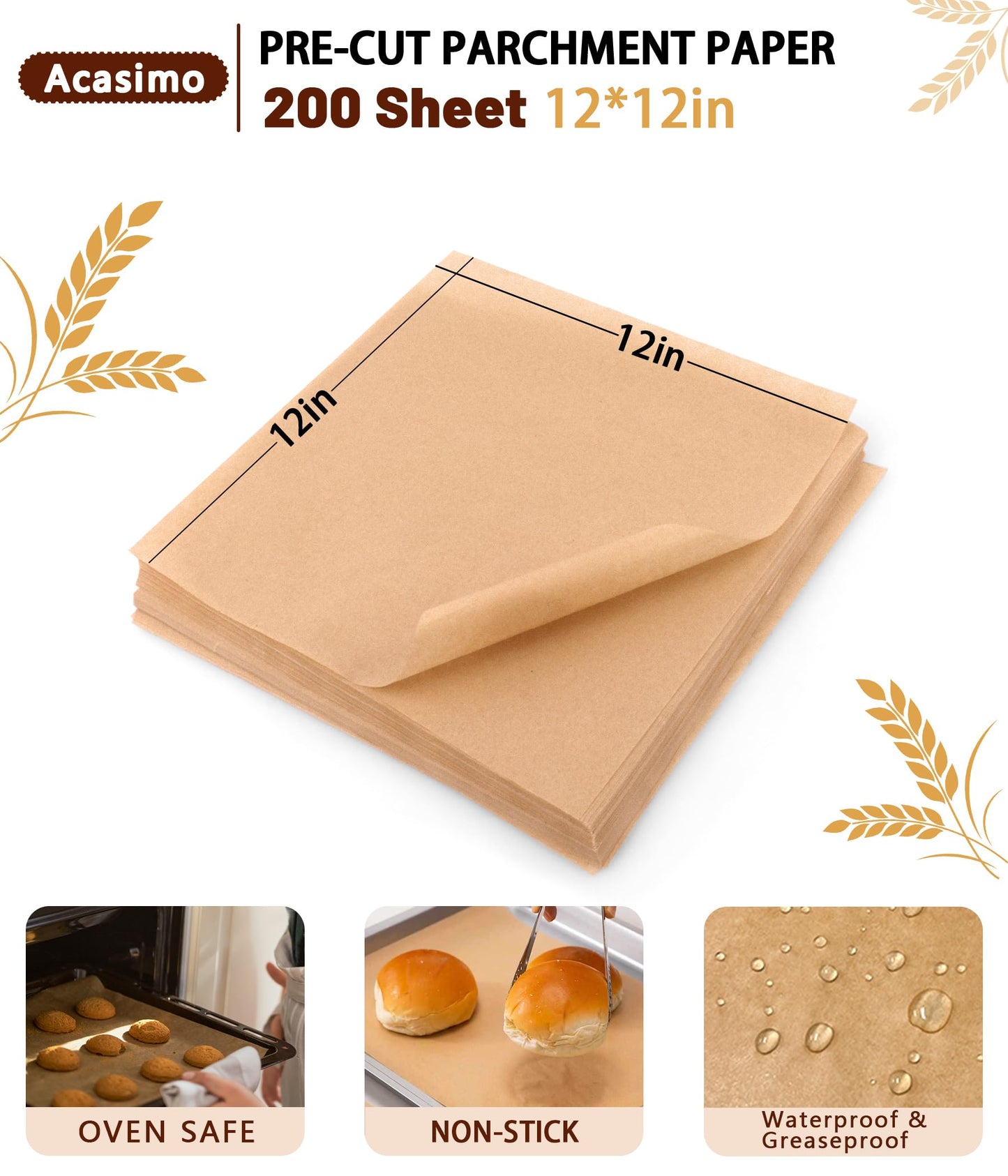 Parchment Paper Sheets, 200Pcs 12x12 Inch Squares Precut Parchment Sheets for Baking, Grilling, Air Fryer, Non-Stick Square Pan Liners Oven Paper for Bread, Cake, Cookies, Roasting, Wrapping, Steaming