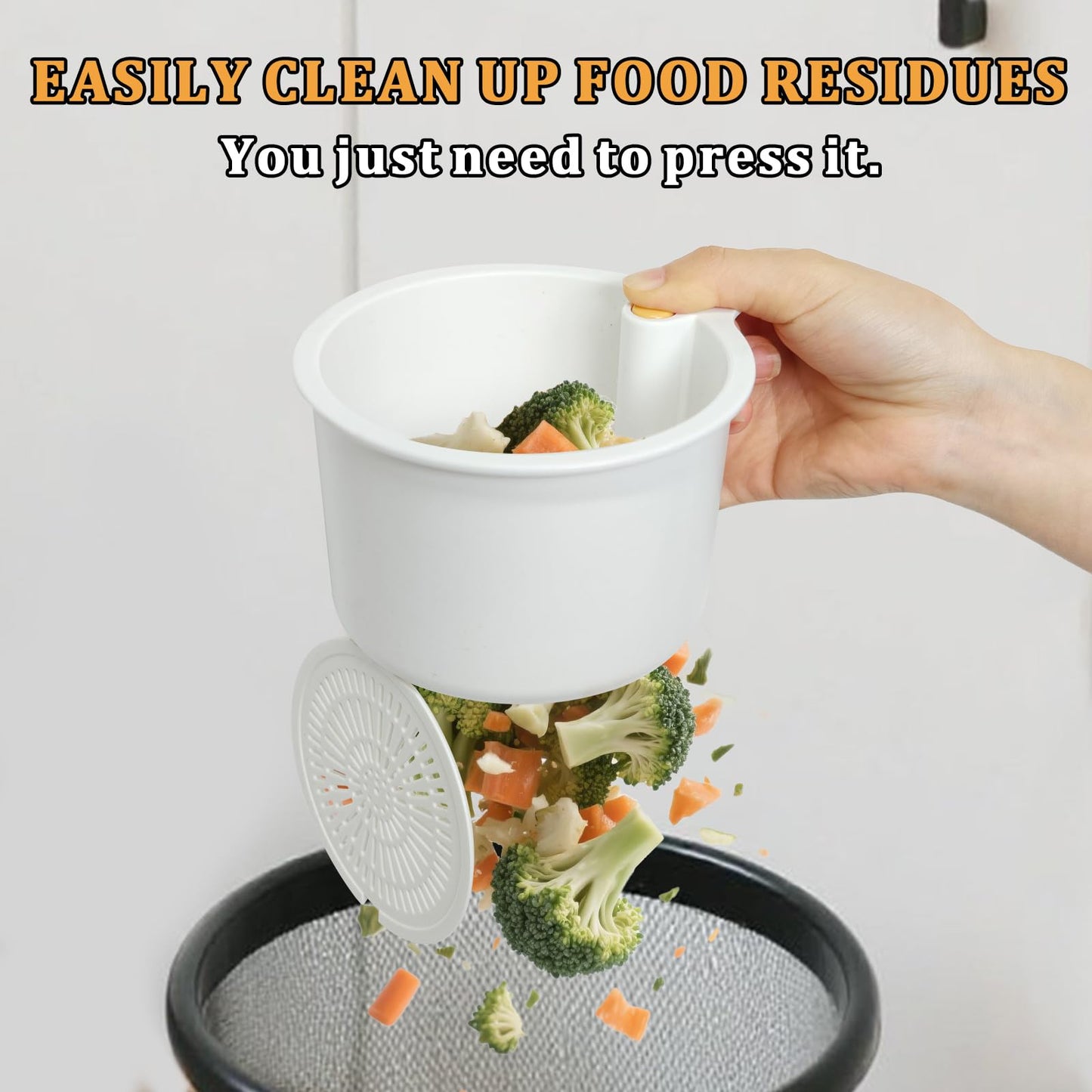 Sink Strainer Basket with One-Touch Drain Mesh, Snap-On Strap & Detachable Design – Kitchen Sink Food Scrap Filtering Storage Organizer (White)