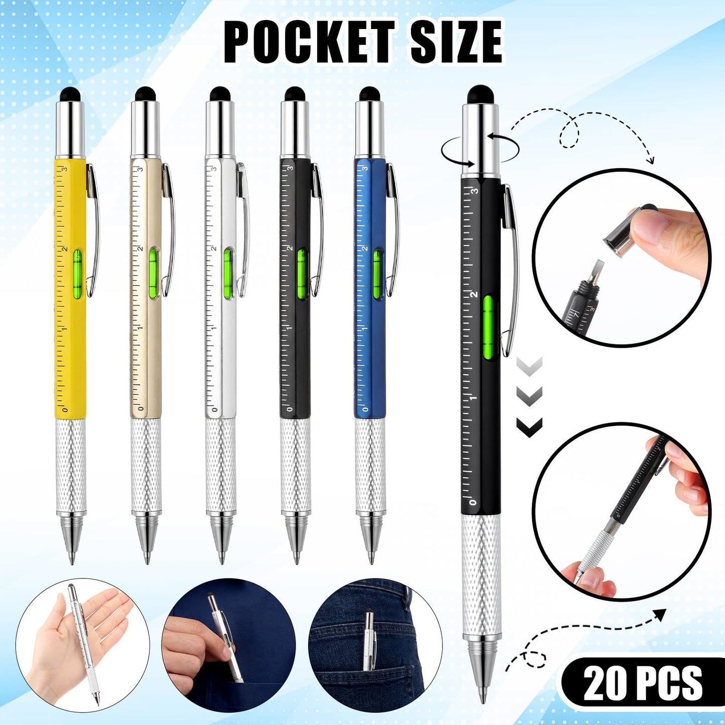 AmazingSpark 40 Pcs for Men Employee Appreciation Gifts 6 in 1 Multi Tool Pens with Level Gauge Stylus Vernier Caliper Multi Tool Pens for Dad Husband Coworker Birthday(Vivid Color)
