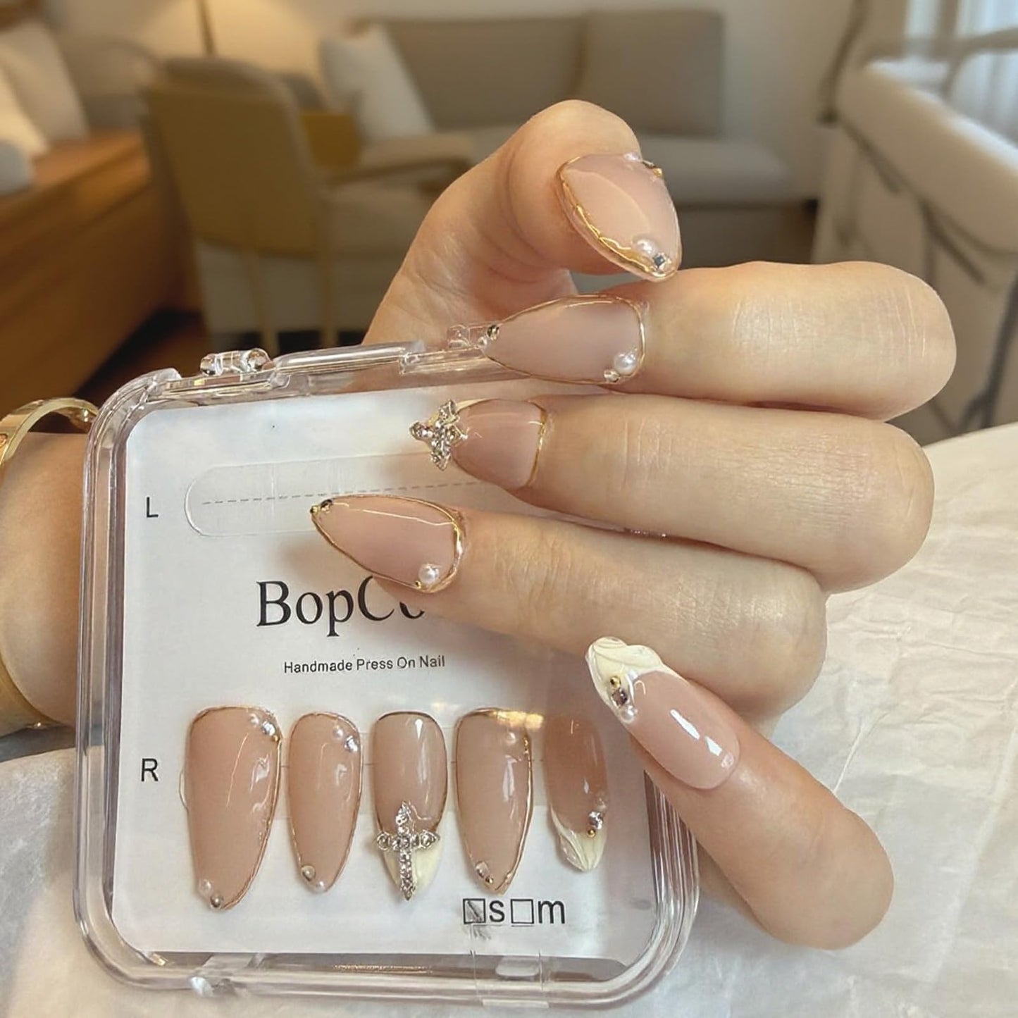 Luxury Handmade false nails，3D Gold French Cross Press-On Nails – Medium Almond Shape False Nails with Rhinestone Embellishments, Elegant Reusable Stick-On Nails(10PCS-S)