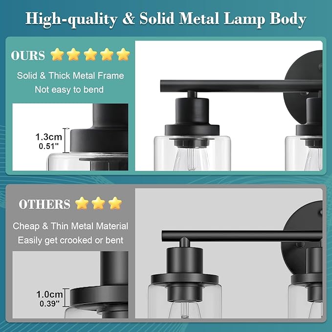 Unicozin Modern Bathroom Light Fixtures, 3 Light Vanity Lights, Black Wall Lamp with Clear Glass for Bathroom, Mirror, Living Room, Bedroom, Hallway, E26 Base
