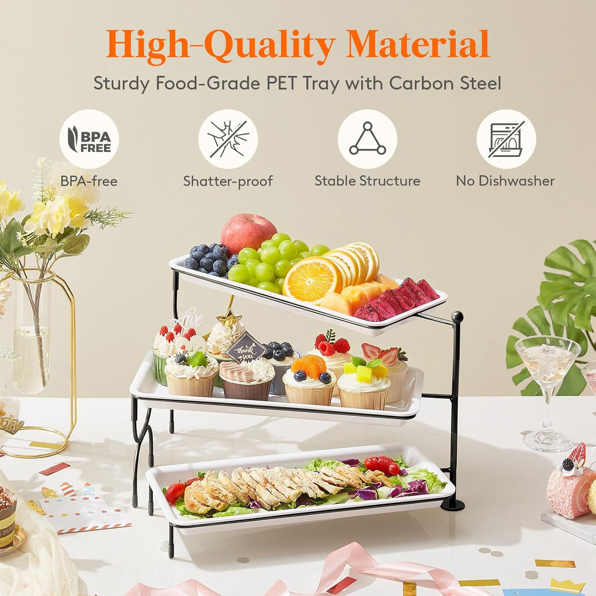 Lifewit 3 Tier Serving Tray, 14" x 6.5" White Plastic Tiered Food Serving Platters, Rotatable Tiered Tray Stand for Party with Black Collapsible Metal Stand, Dessert Table Stands for Cookies, Crackers