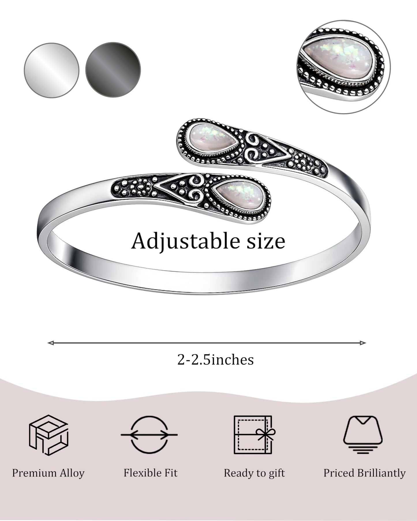Irideket Opal Stones Vintage Sterling Silver Plated Cuff Bracelet, Silver Bangles for Women, Adjustable Silver Jewelry, Elegant Silver Bracelet