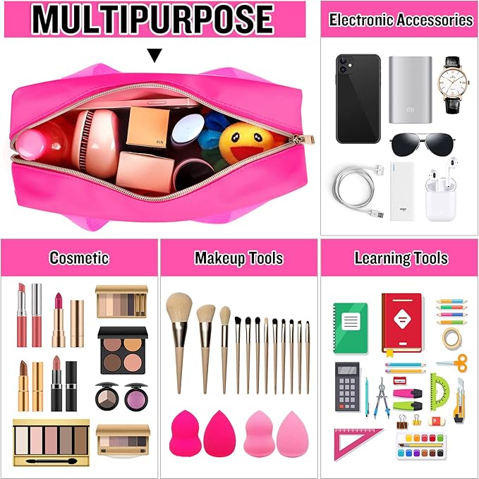 Chenille Letter Clear Makeup Bags Stuff Tote, Preppy Patch Makeup Bag Zipper with Handle, Waterproof PVC & Nylon Portable Glitter Large Cosmetic Travel Toiletry Storage for Women Girls(STUFF-Rose)