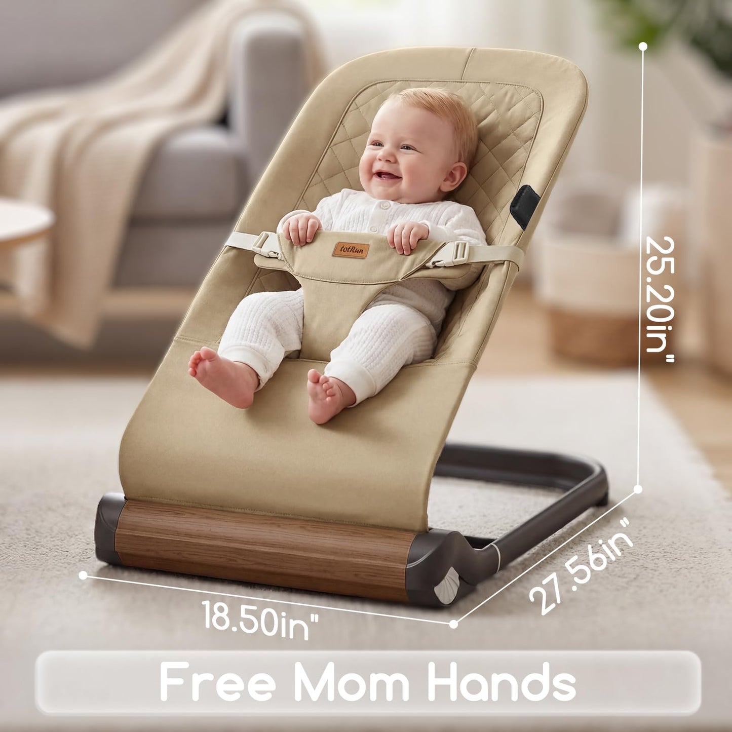 Foldable Baby Bouncer Seat - Portable Infant Bouncer with Adjustable Height, Khaki Polyester