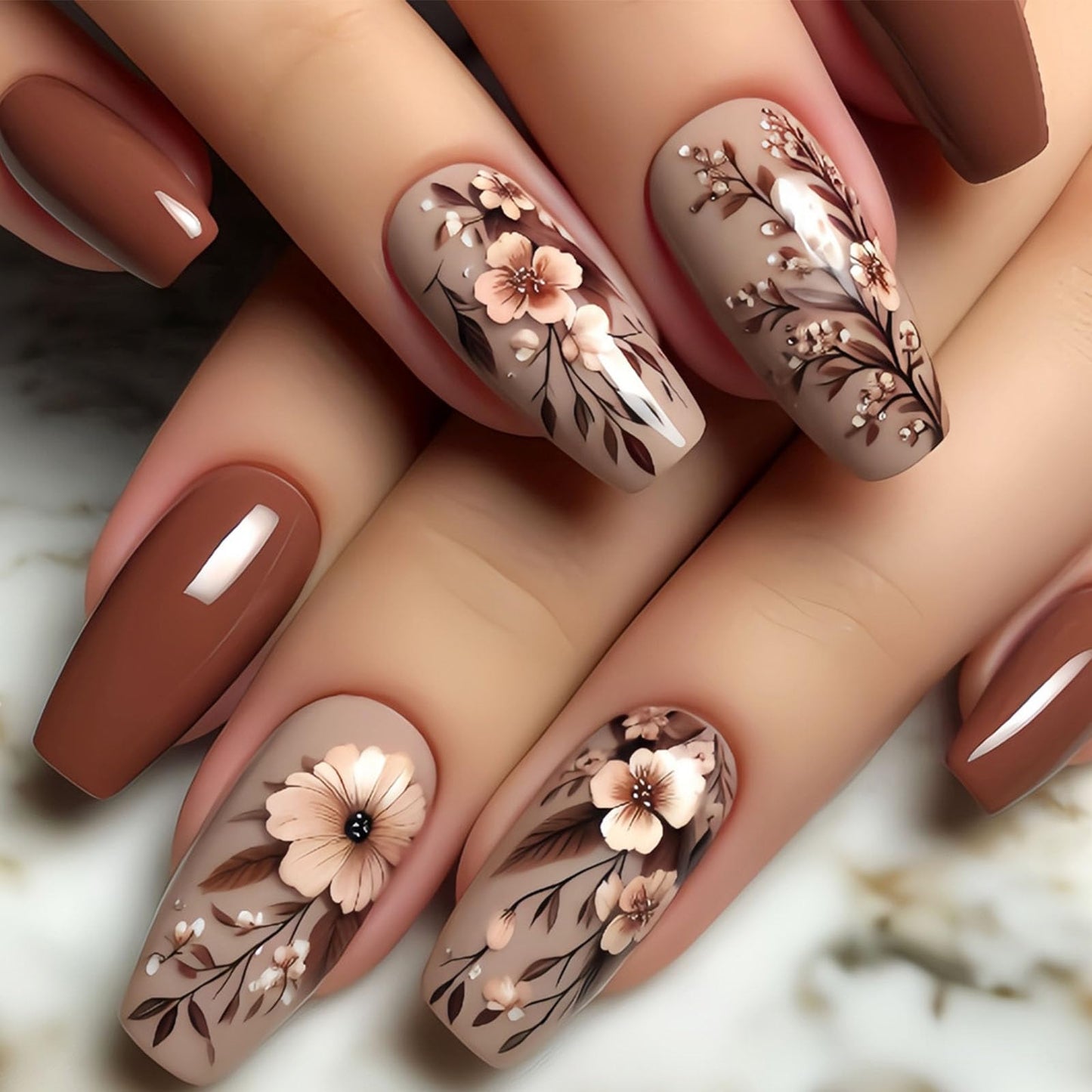 Fall Press on Nails Medium Coffin Fake Nails with Flower Leaves Designs Glossy Nails Press ons Brown Full Cover Glue on Nails Autumn Acrylic Artificial Stick on Nails for Women 24Pcs